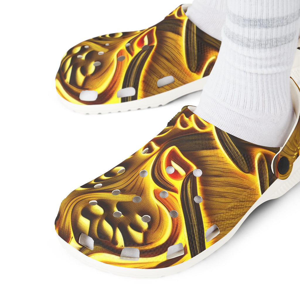 Clogs: Golden Swirl EVA Foam Clogs — Abstract Metallic Pattern Slip-Ons