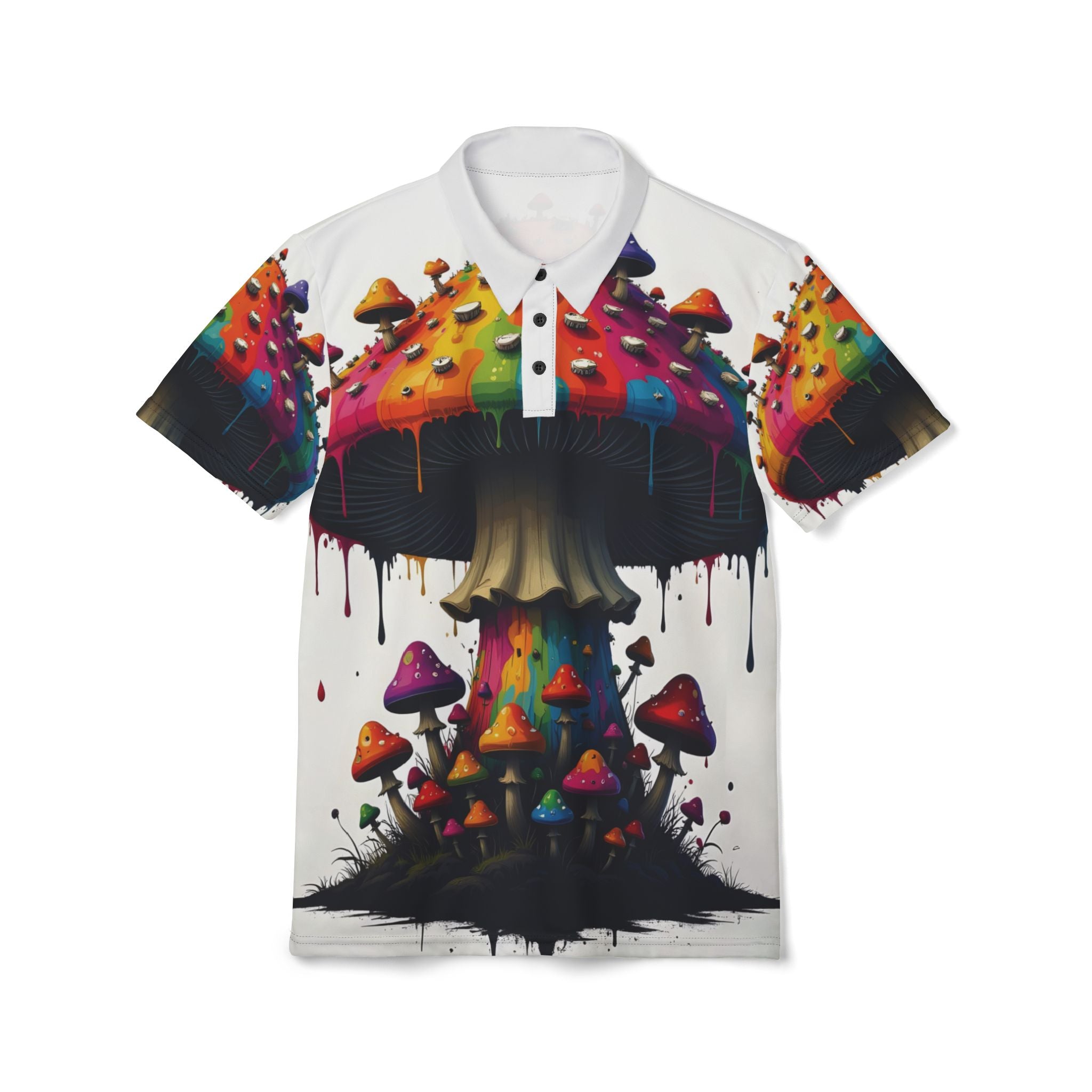 Psychedelic Mushroom Polo Shirt — Colorful Dripping Fungi All-Over Print