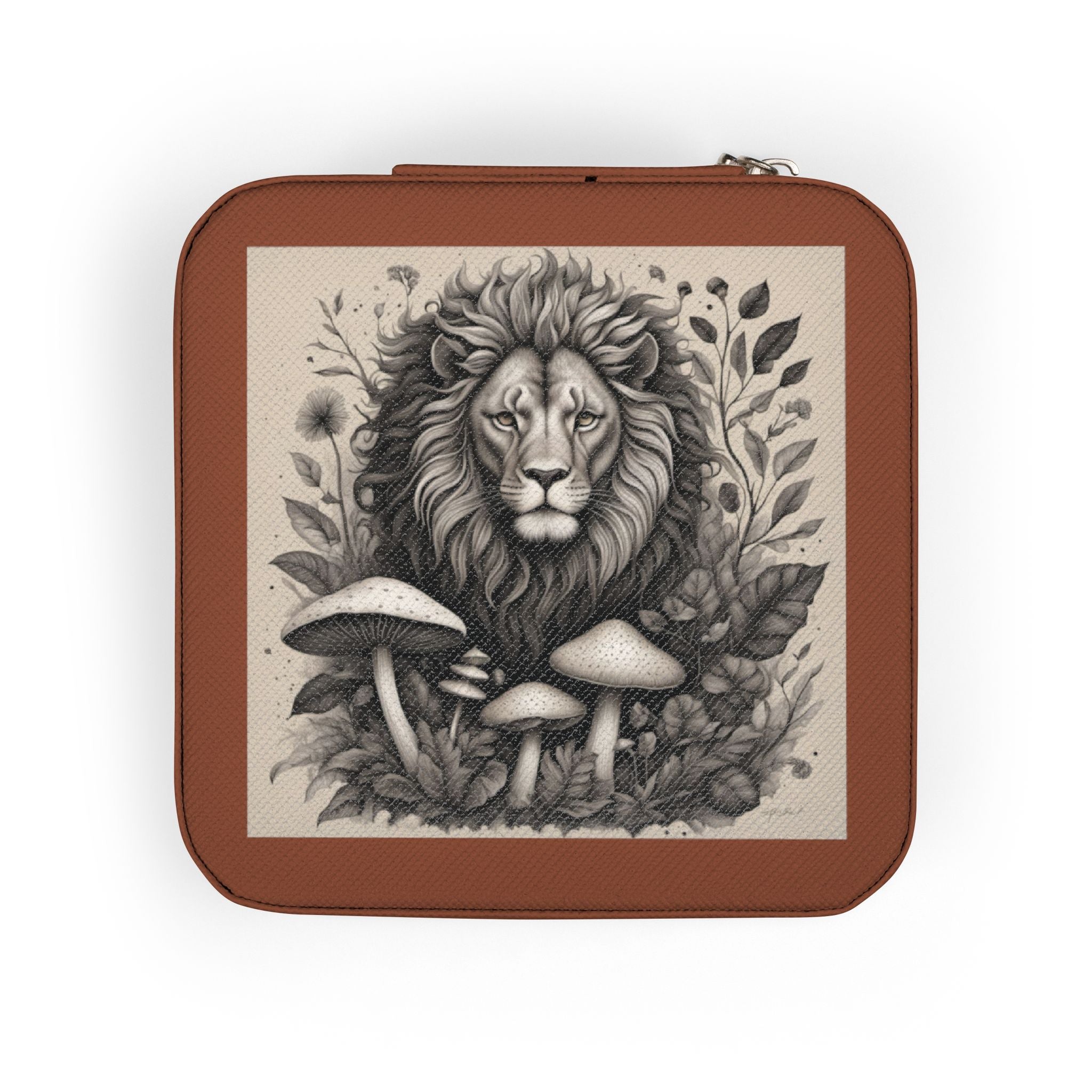 Lion & Mushrooms Jewelry Travel Case — Compact Organizer for Rings, Earrings & Necklaces