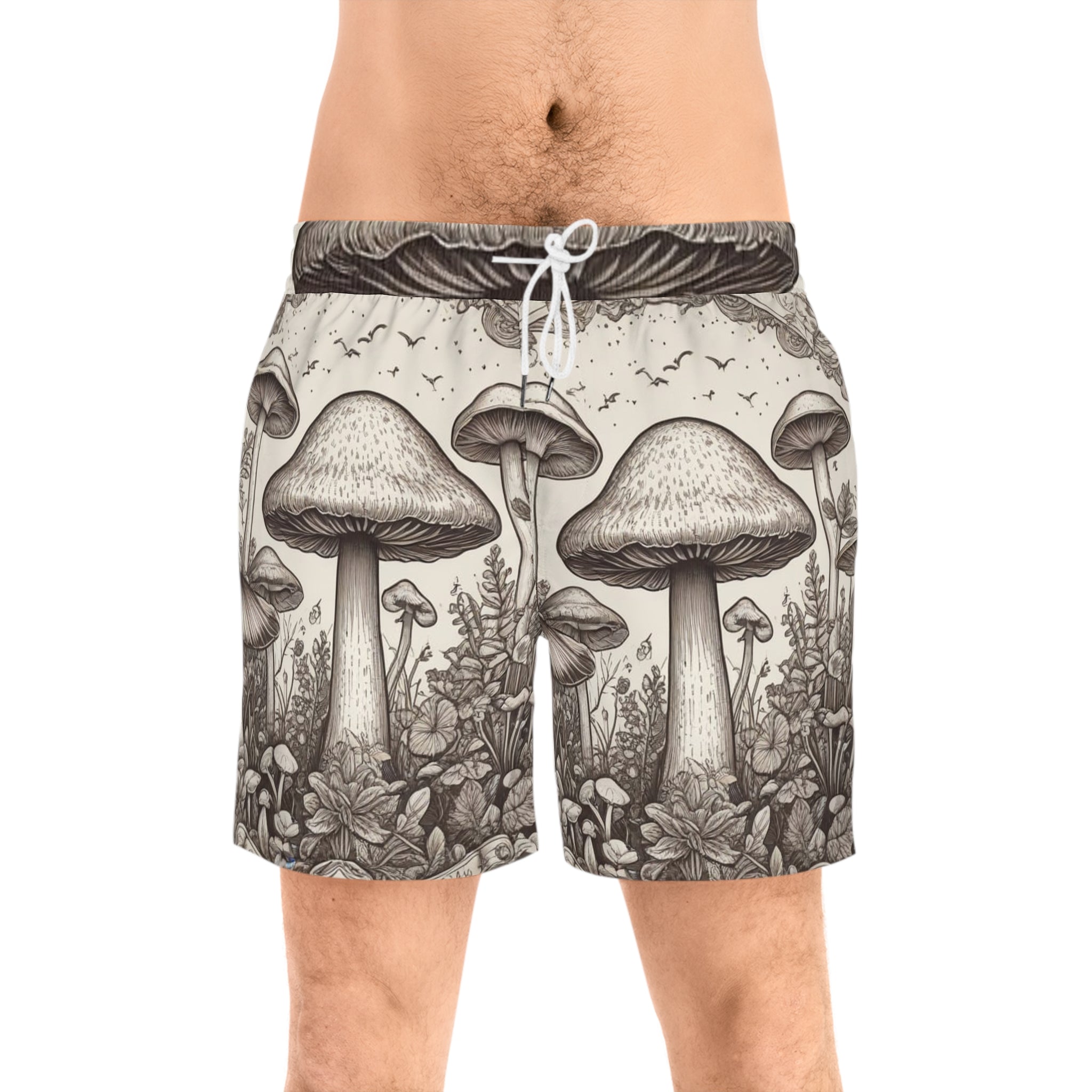 Mushroom Forest Swim Shorts — Vintage Botanical Mens Mid-Length Boardshorts