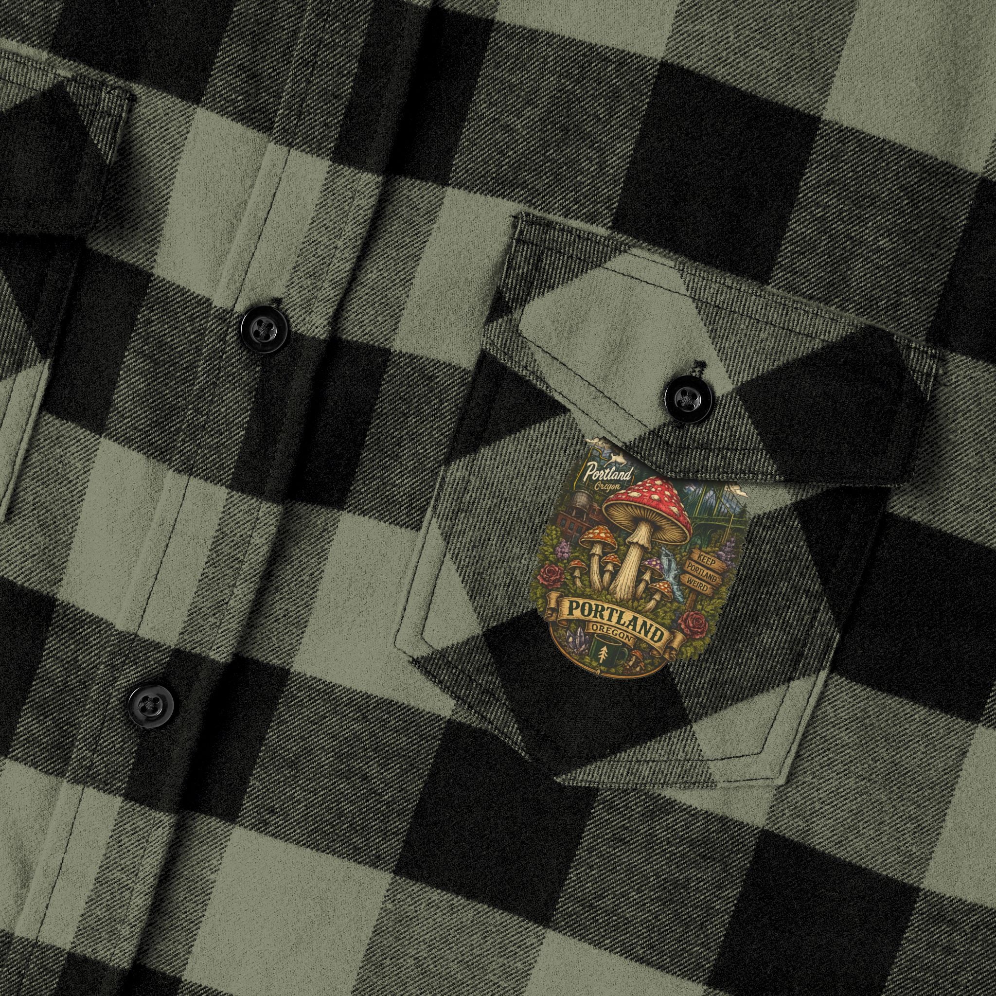 Portland Mushroom Flannel Shirt — Vintage Forest Plaid Button-Up