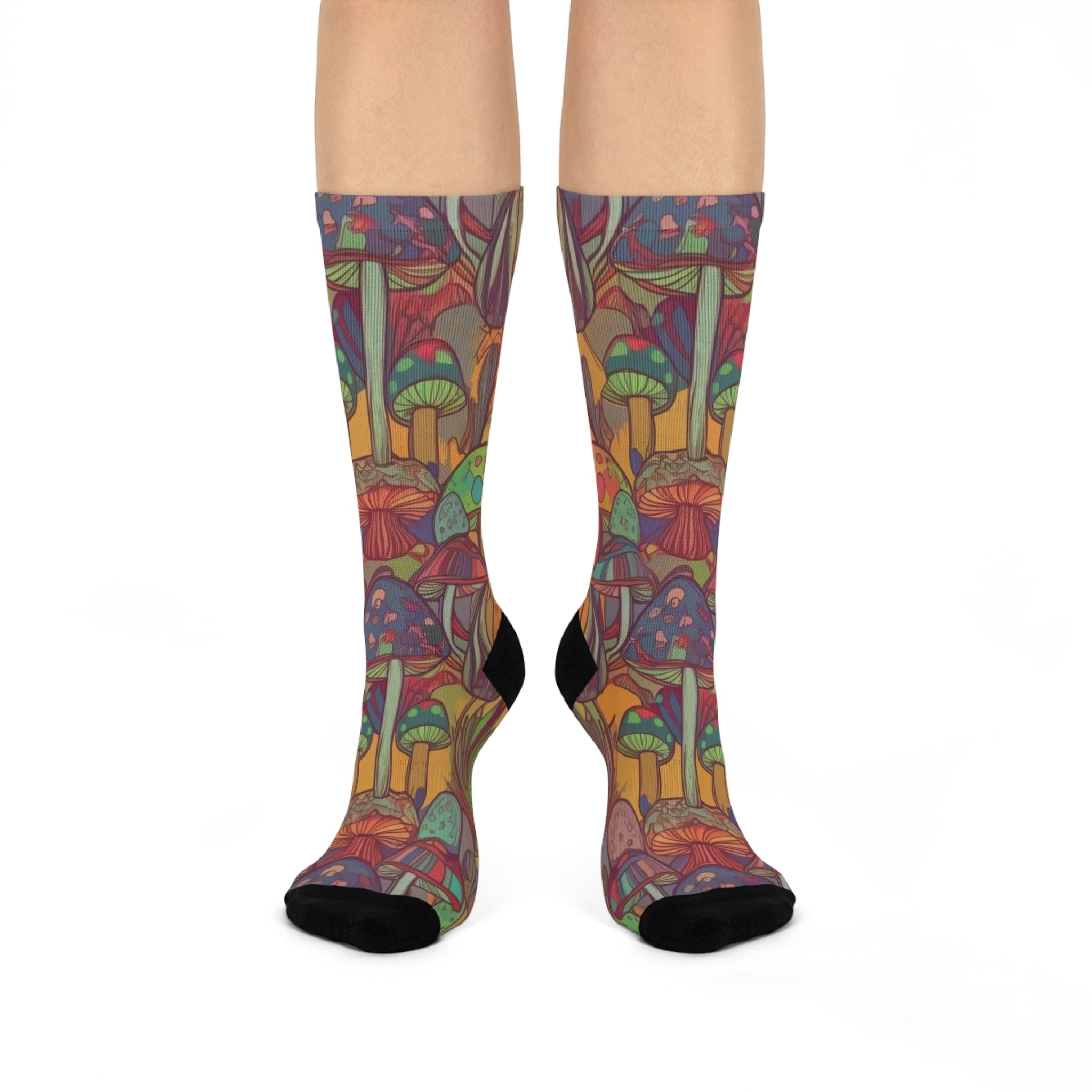 Socks: Mushroom Pattern Cushioned Crew Socks — Colorful Funky Forest Toe & Heel