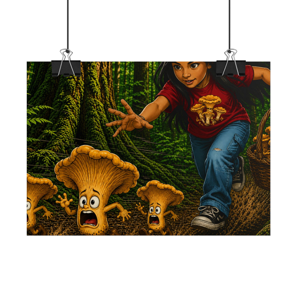 Rolled Poster: Girl Chasing Animated Mushrooms Forest Art Print