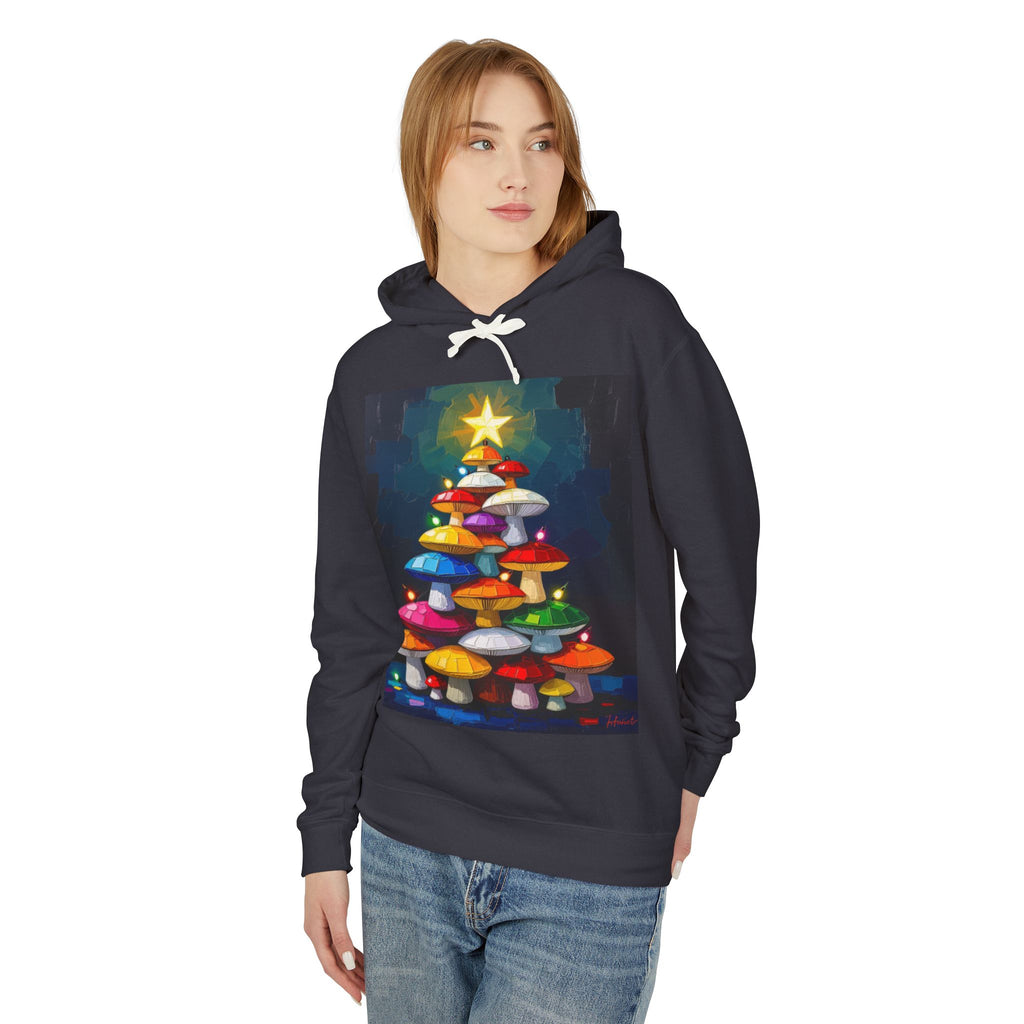 Mushroom Christmas Tree Hoodie — "Happy Shroom Forager" Holiday Pullover