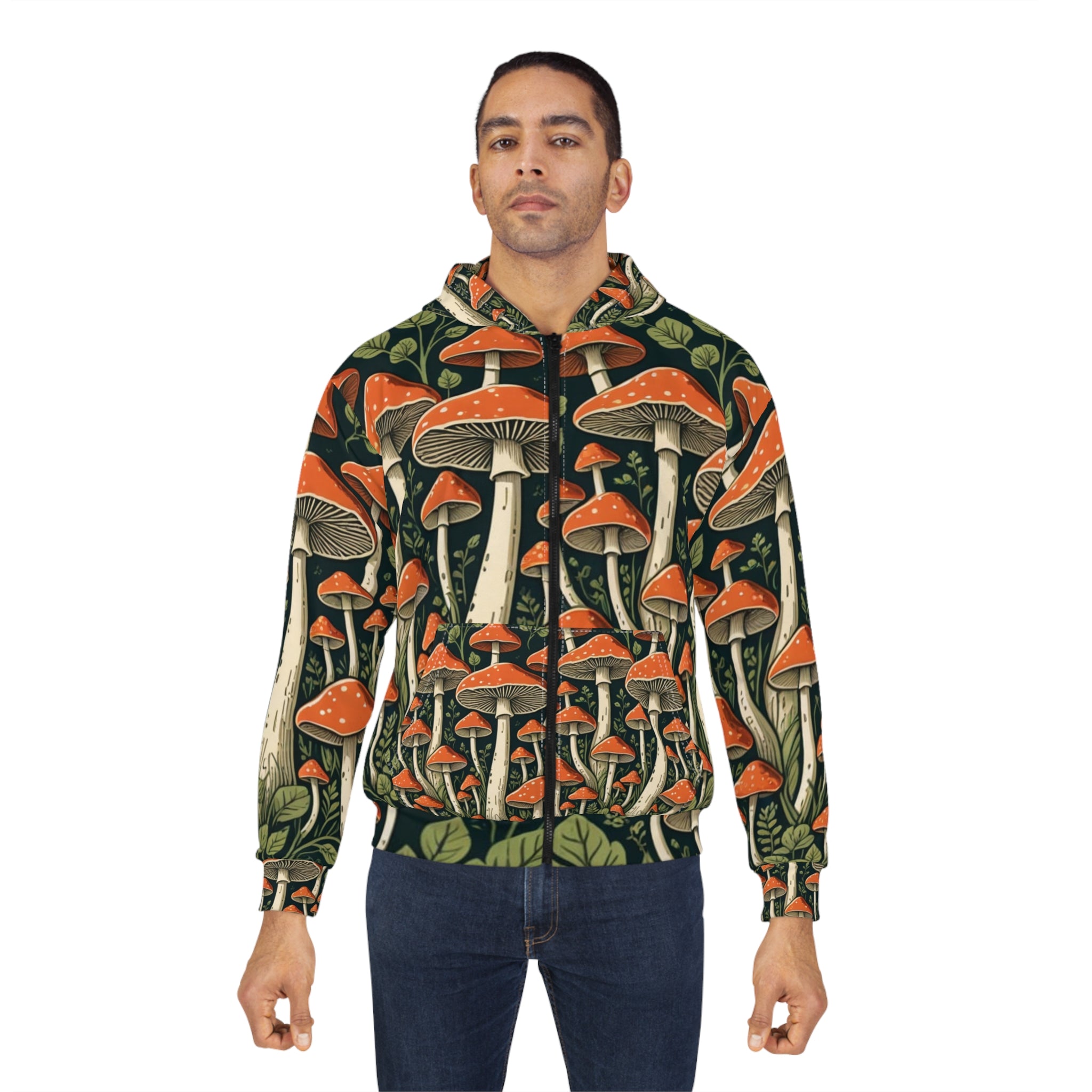 Mushroom Forest Zip Hoodie — All-Over Print Psychedelic Fungi Design