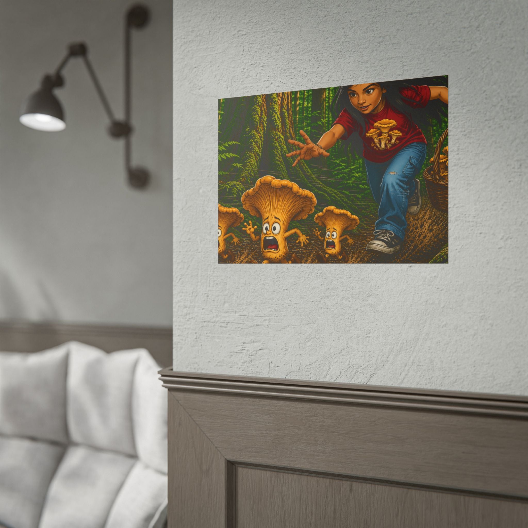 Rolled Poster: Girl Chasing Animated Mushrooms Forest Art Print
