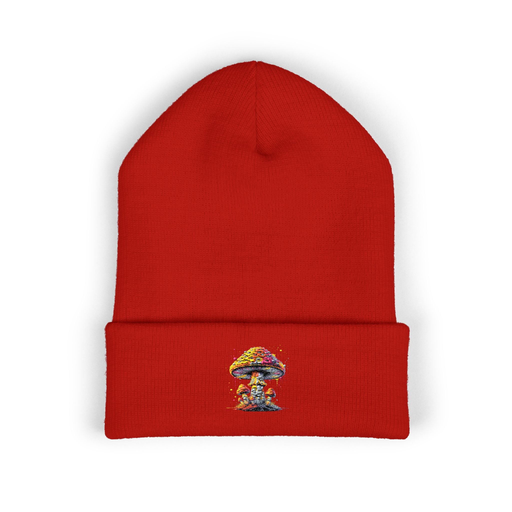 Beanie: Embroidered Colorful Mushroom Beanie — Cute Cuffed Knit Hat