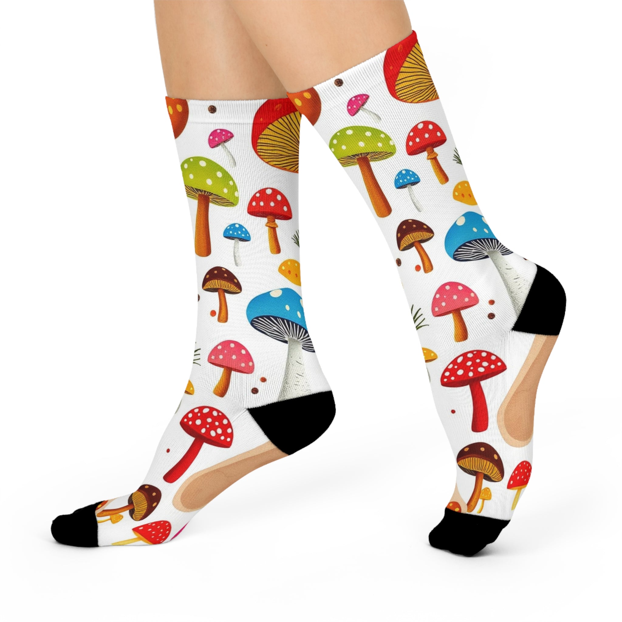 Socks: Whimsical Mushroom Cushioned Crew Socks | Cozy Fun Footwear for Gifting, Hiking, Everyday Use, Eco-Friendly, Art-Inspired Design