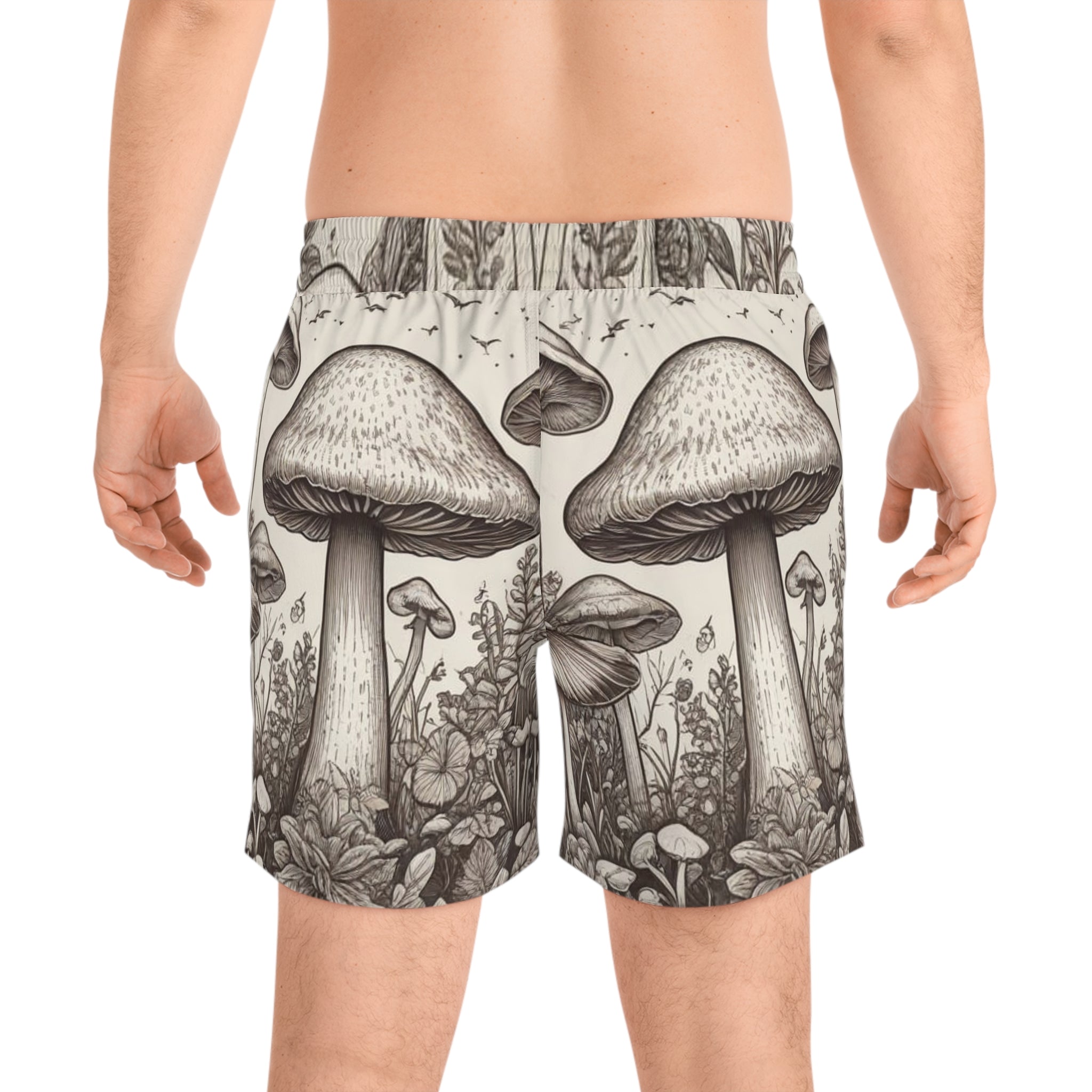 Mushroom Forest Swim Shorts — Vintage Botanical Mens Mid-Length Boardshorts