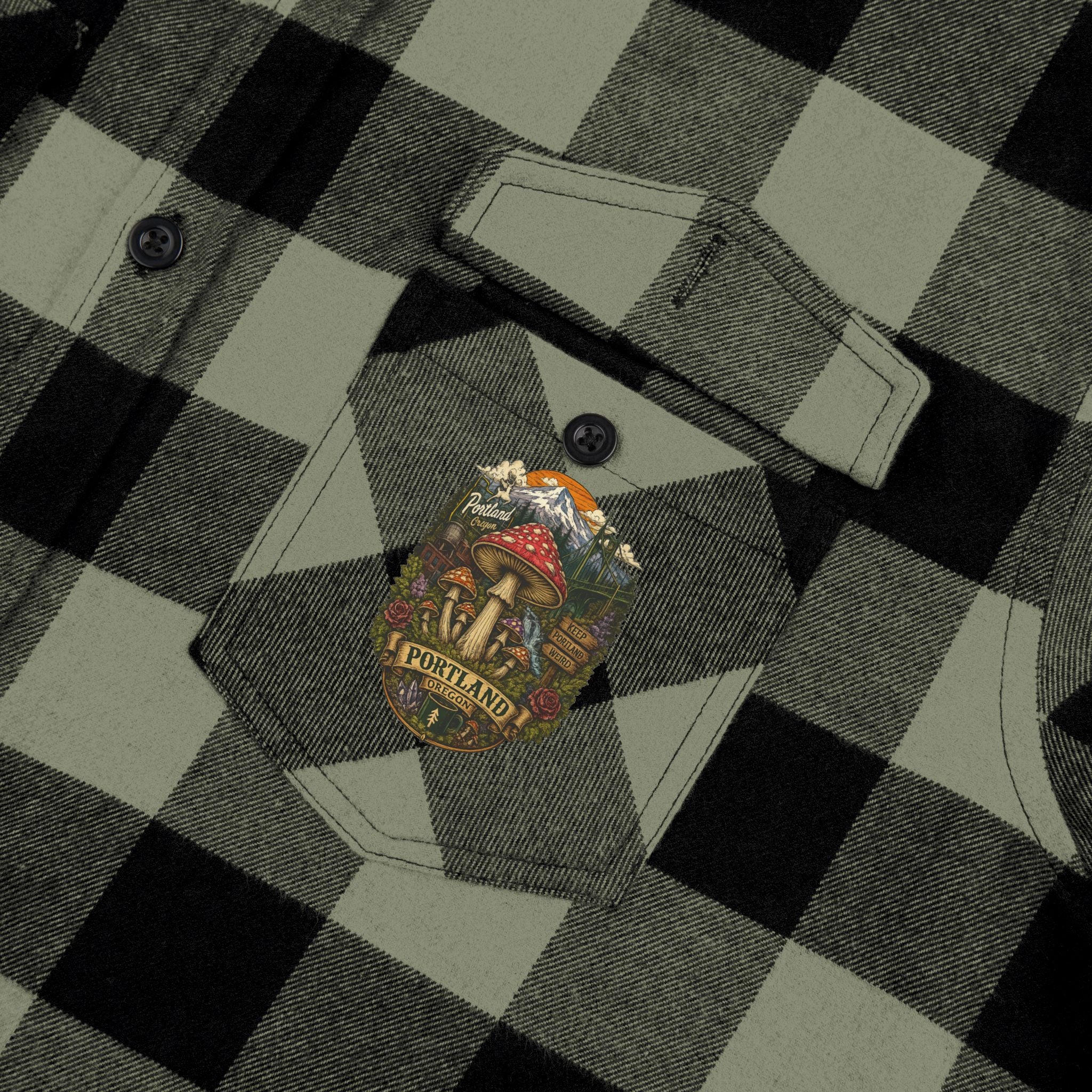 Portland Mushroom Flannel Shirt — Vintage Forest Plaid Button-Up