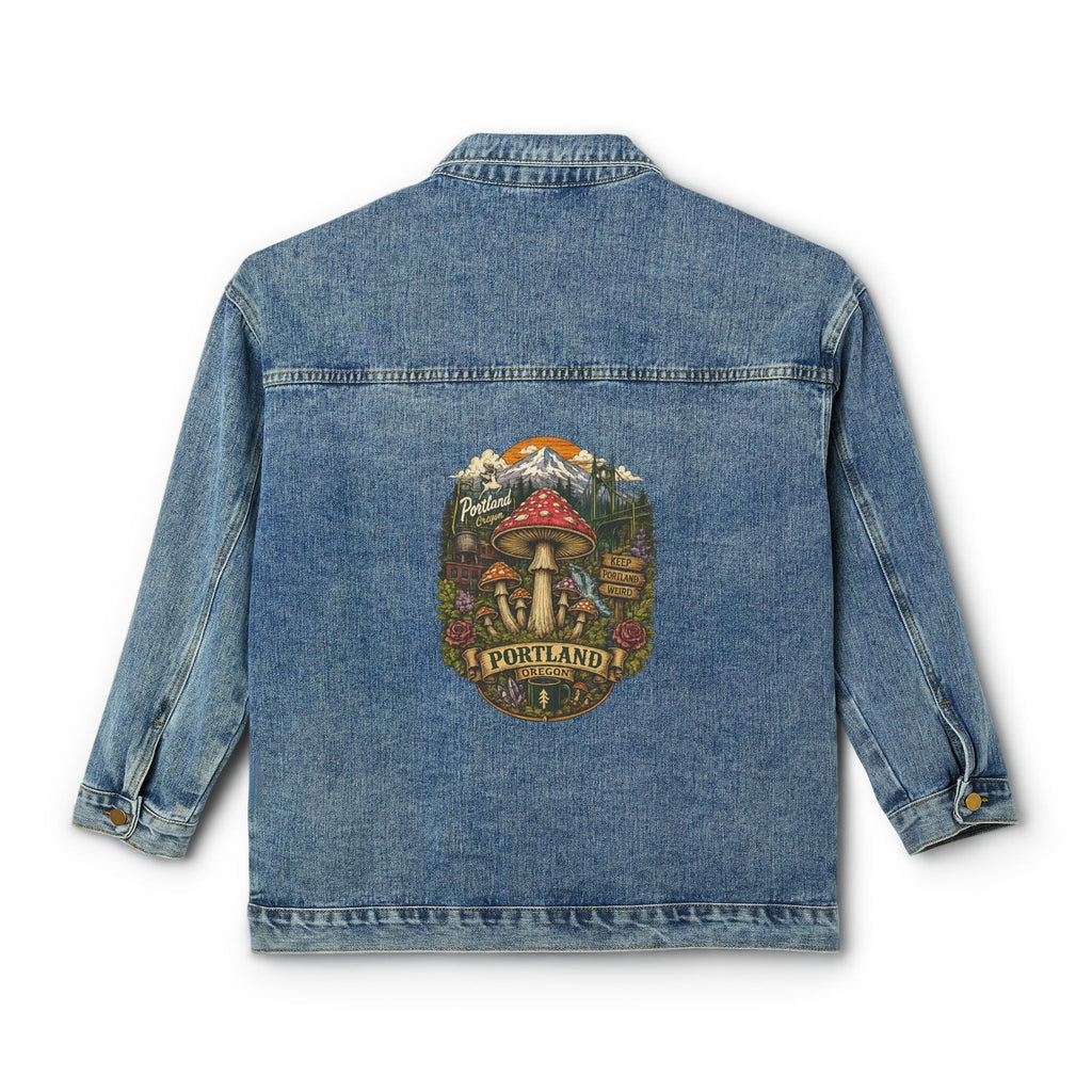 Women's Denim Jacket — Portland Mushrooms Vintage Travel Patch Back Print