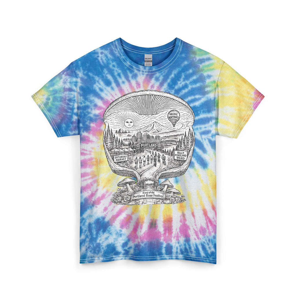 T-Shirt: Tie Dye Tee — Scenic Skull Illustration | Farmers Market Mushroom Map