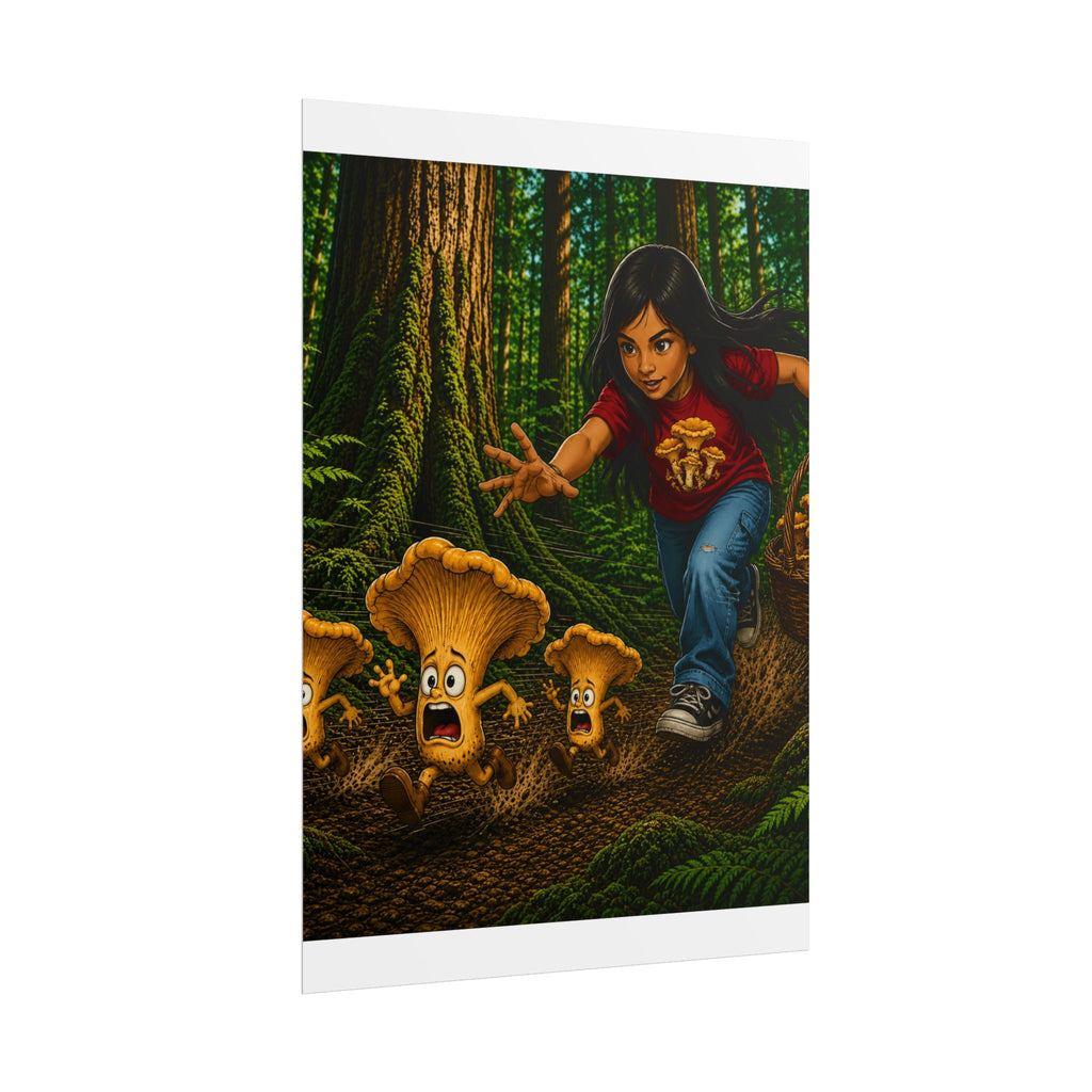Rolled Poster: Girl Chasing Animated Mushrooms Forest Art Print