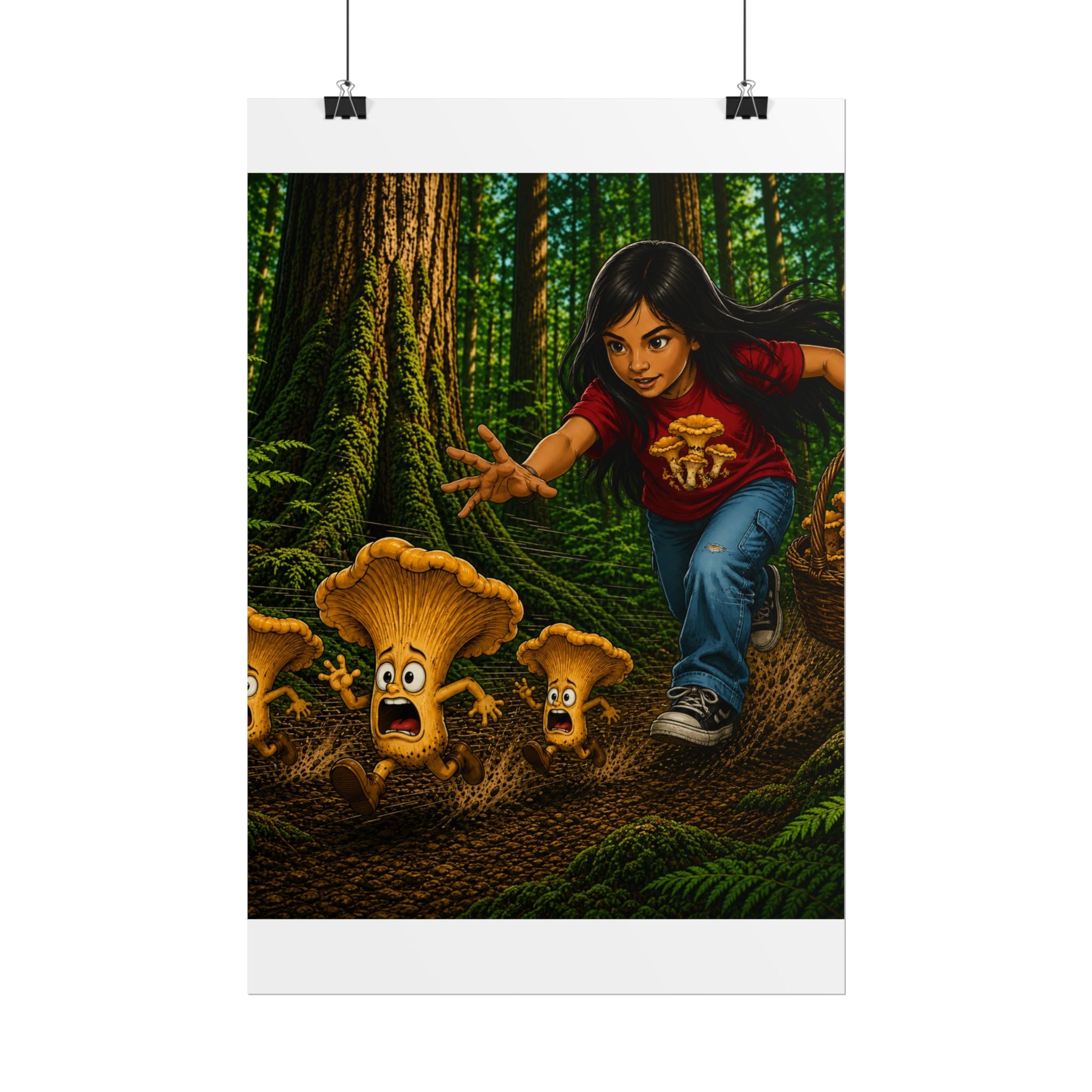 Rolled Poster: Girl Chasing Animated Mushrooms Forest Art Print