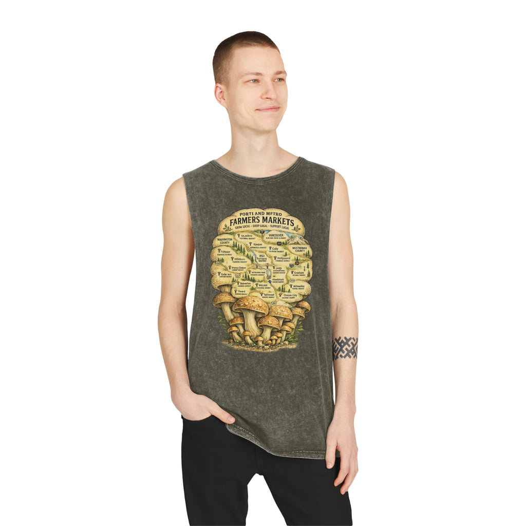 City: Stonewash Tank Top: Mushroom Festival Tank — Farmers Markets Map Stonewash Tank
