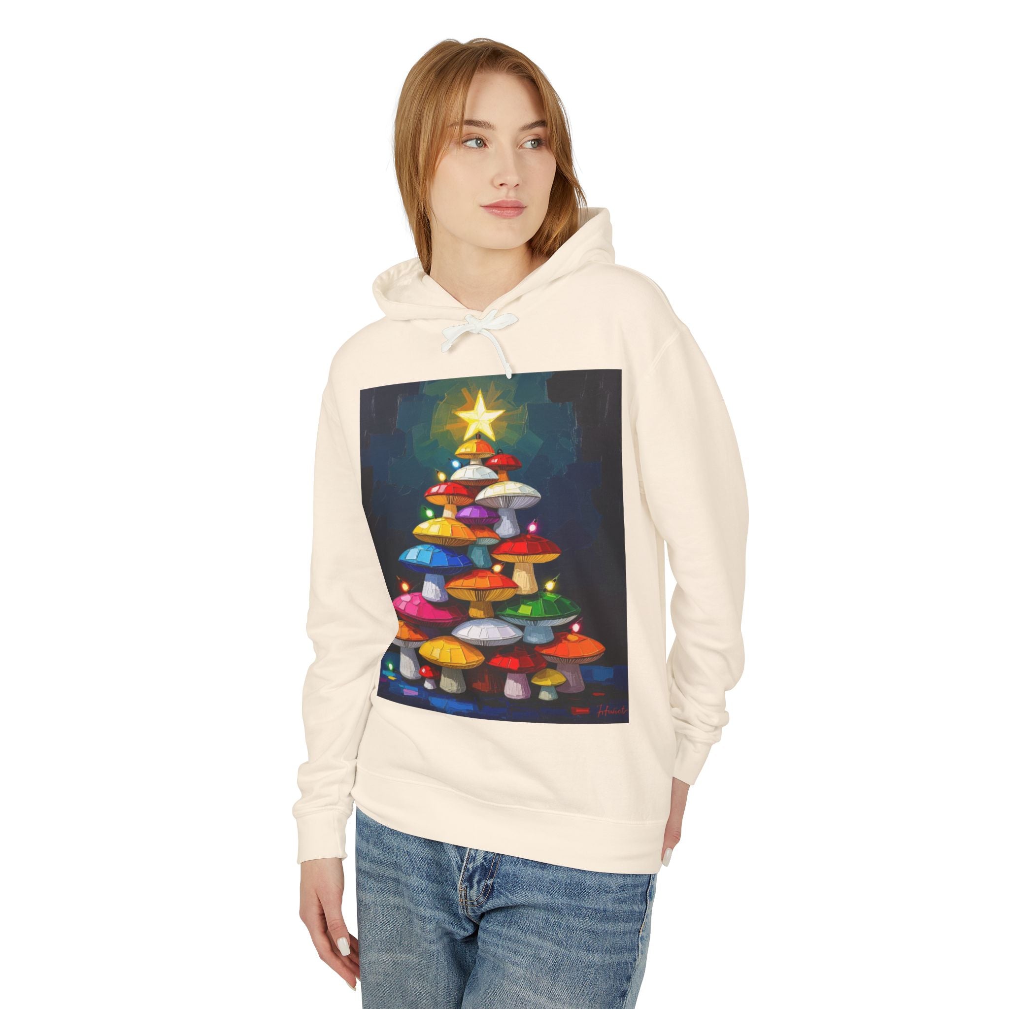 Mushroom Christmas Tree Hoodie — "Happy Shroom Forager" Holiday Pullover