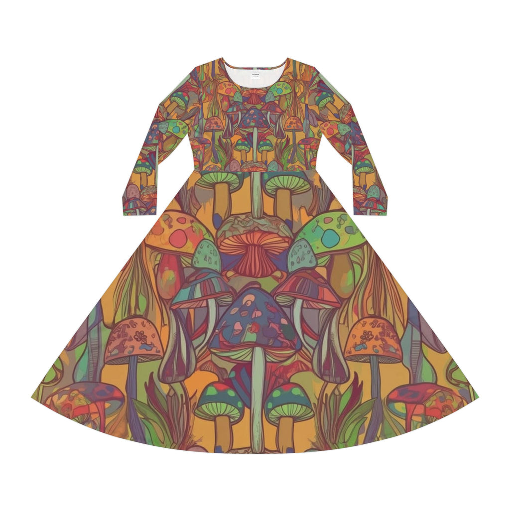 Mushroom Forest Long Sleeve Dance Dress — Psychedelic Boho Floral AOP