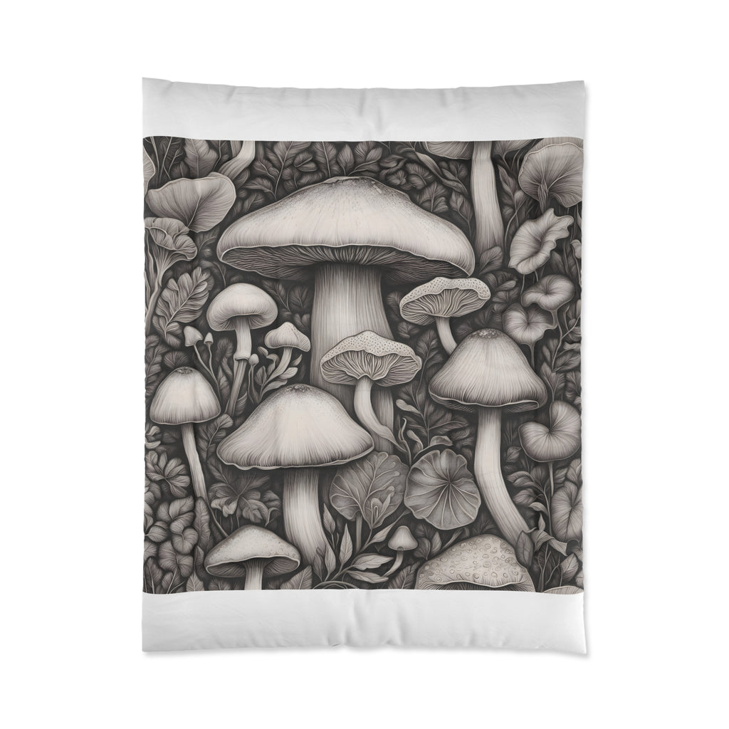 Comforter: Mushroom Garden Comforter – Monochrome Botanical Fungi Bedding