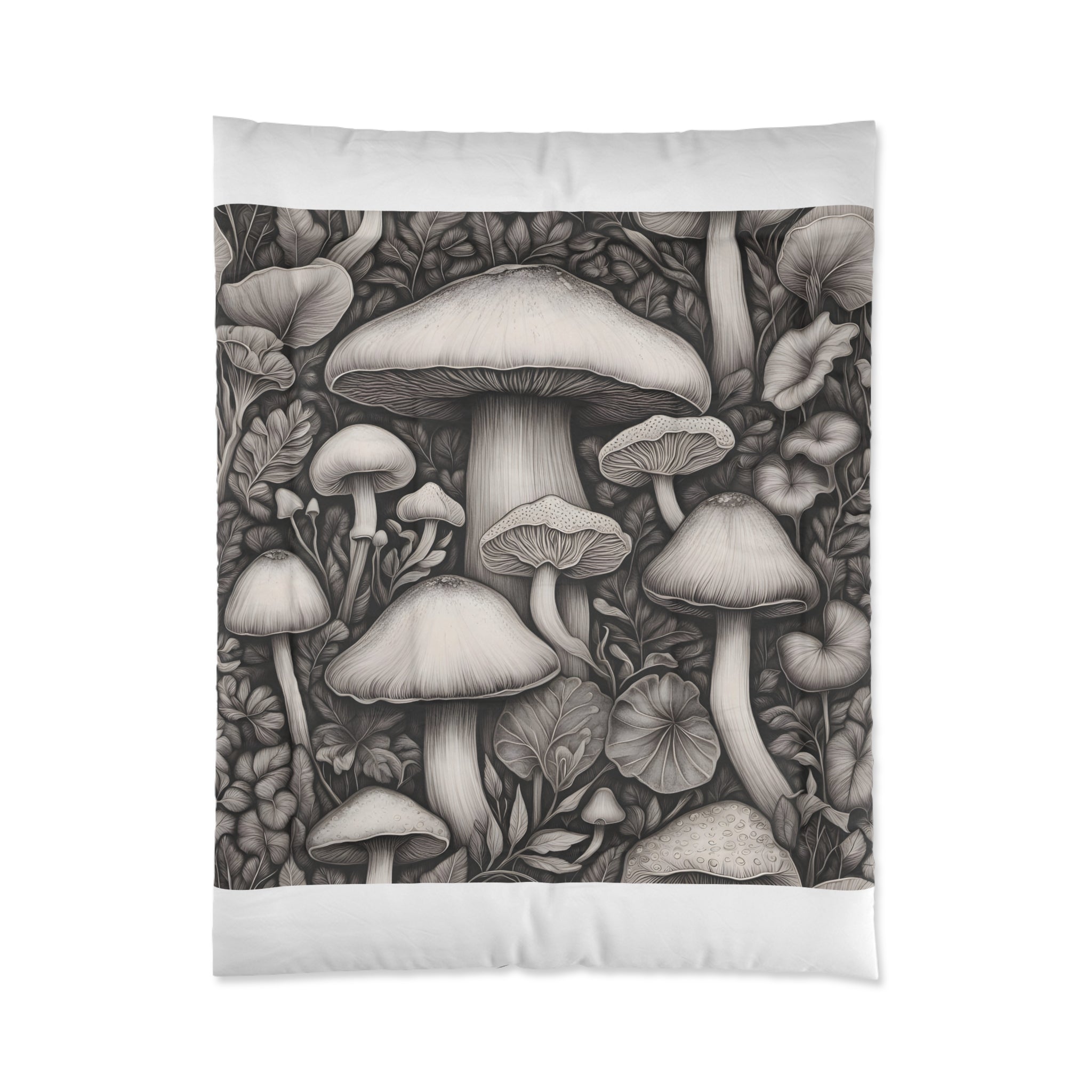 Comforter: Mushroom Garden Comforter – Monochrome Botanical Fungi Bedding
