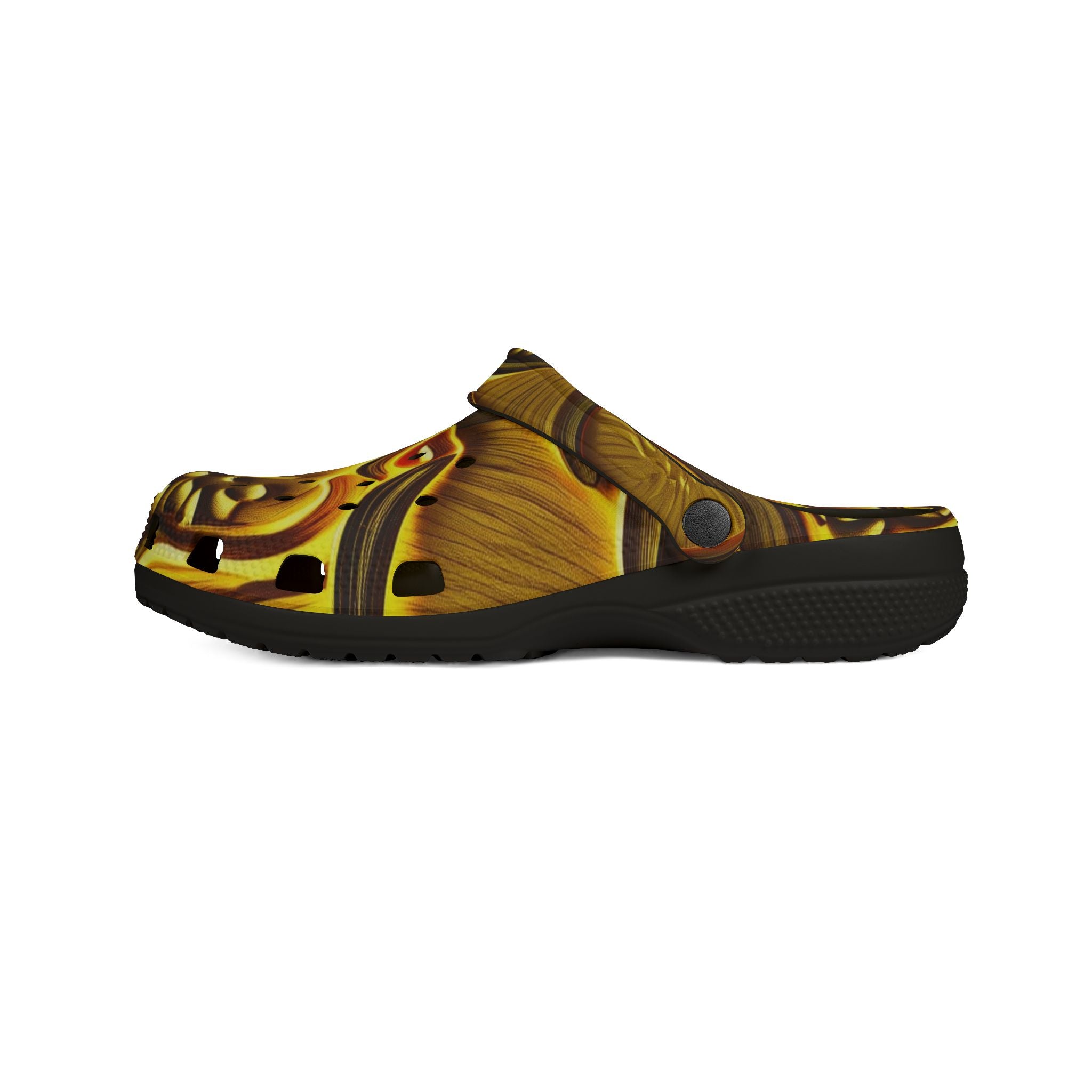 Clogs: Golden Swirl EVA Foam Clogs — Abstract Metallic Pattern Slip-Ons