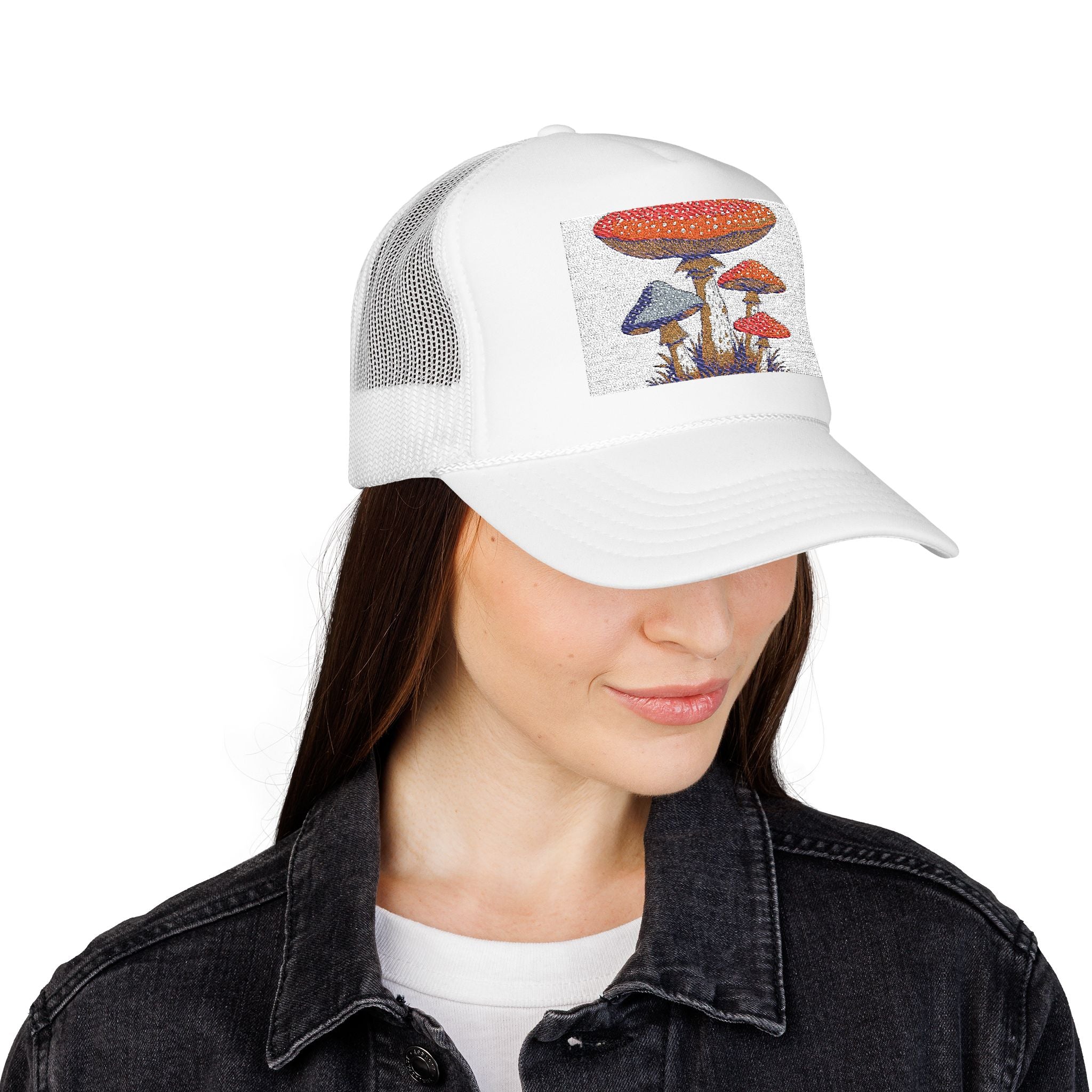 Mushroom Patch Trucker Hat — Vintage Fungi Graphic Foam Cap