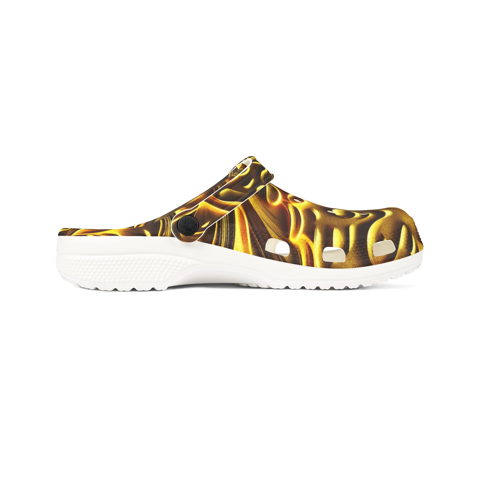 Clogs: Golden Swirl EVA Foam Clogs — Abstract Metallic Pattern Slip-Ons