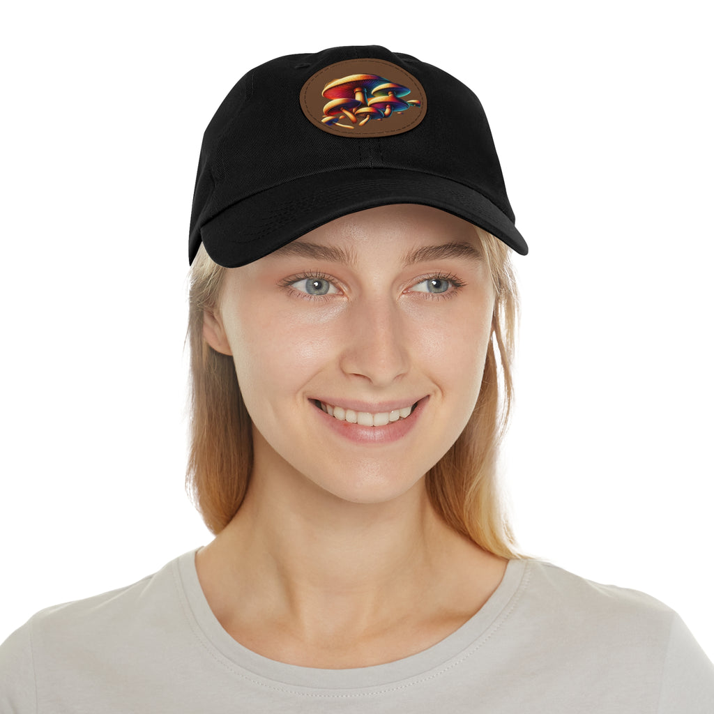 Mushroom Patch Dad Hat — Colorful Psychedelic Fungi Leather Patch Cap