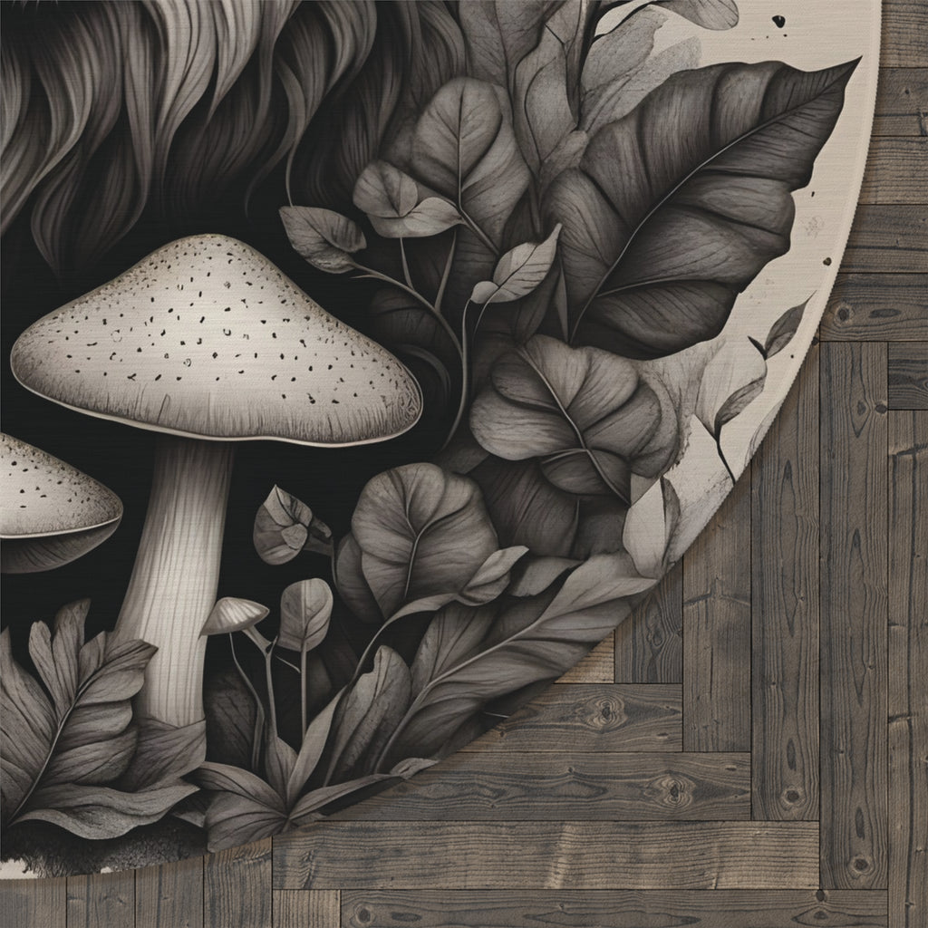 Lion & Mushrooms Round Rug — Boho Botanical Animal Floor Decor