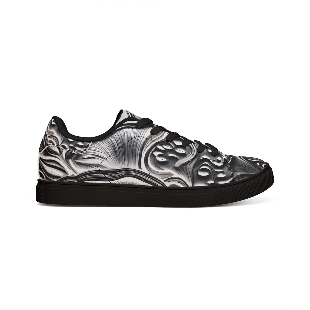 Men's Low-Top Leather Sneakers — Monochrome Abstract Swirl Design
