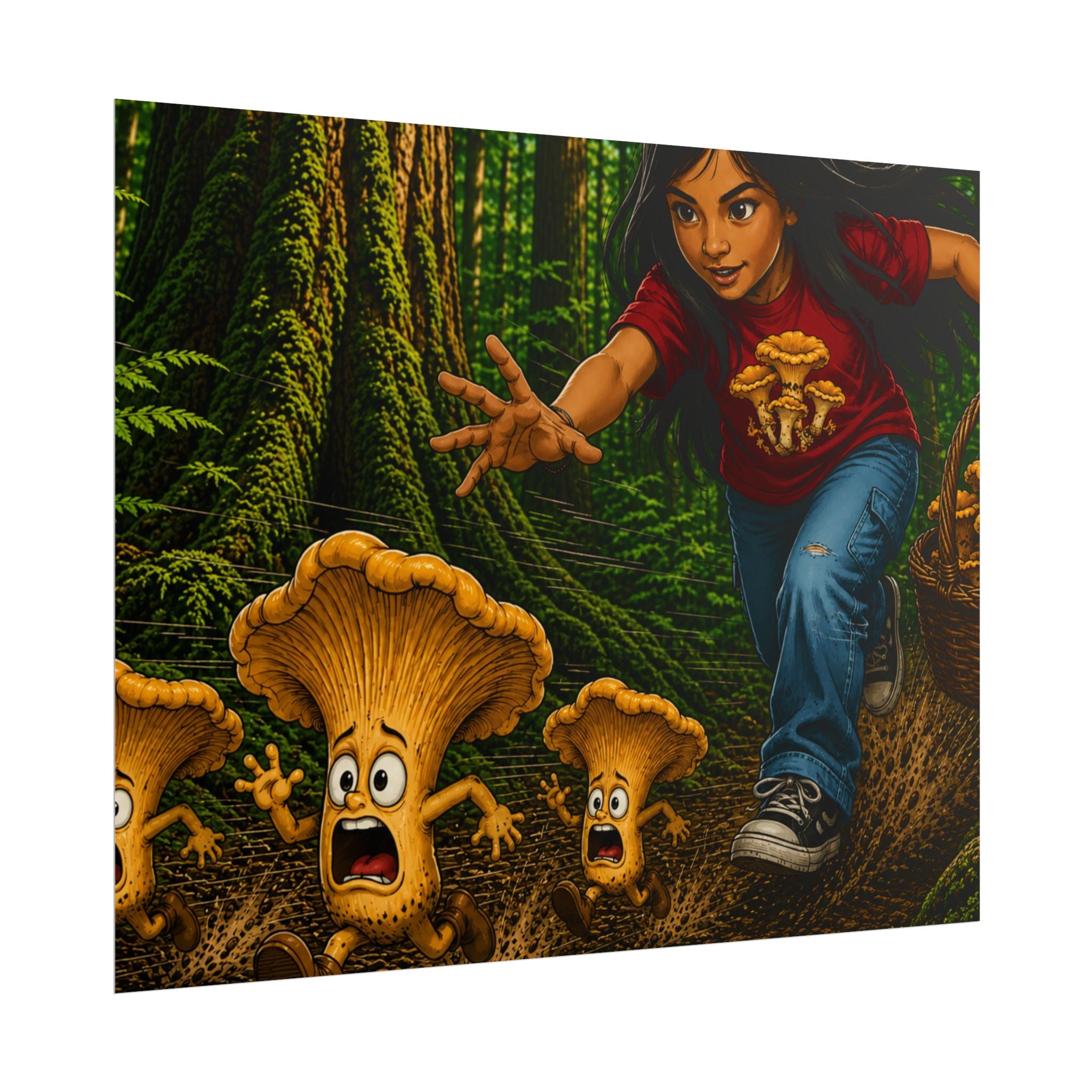 Rolled Poster: Girl Chasing Animated Mushrooms Forest Art Print