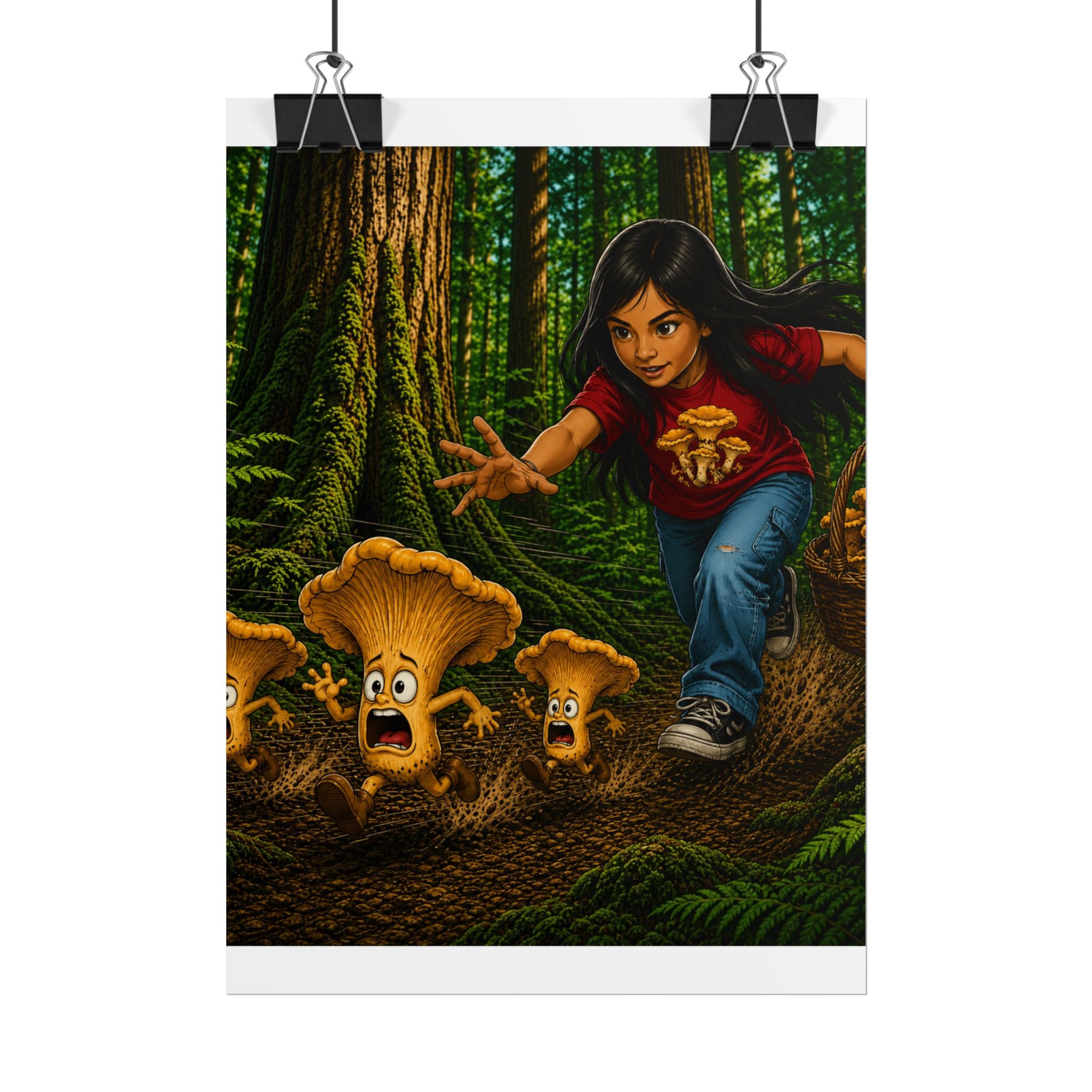 Rolled Poster: Girl Chasing Animated Mushrooms Forest Art Print