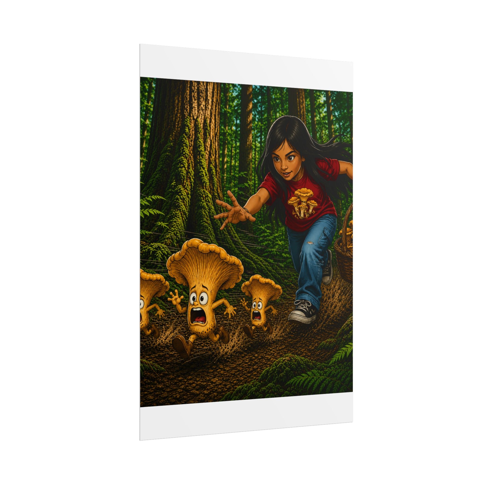 Rolled Poster: Girl Chasing Animated Mushrooms Forest Art Print