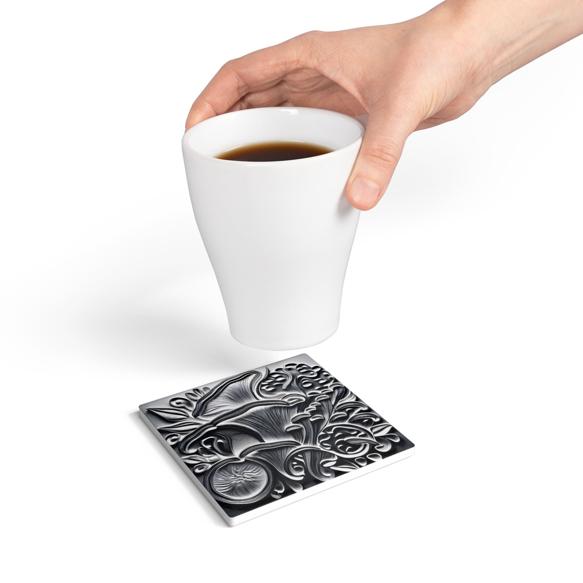 Ceramic Coaster: Black & Silver Floral Relief Design, Elegant Gothic Home Decor