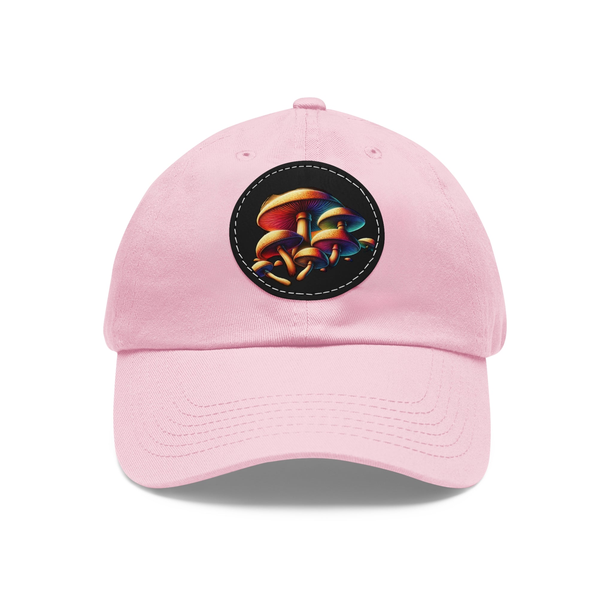 Mushroom Patch Dad Hat — Colorful Psychedelic Fungi Leather Patch Cap