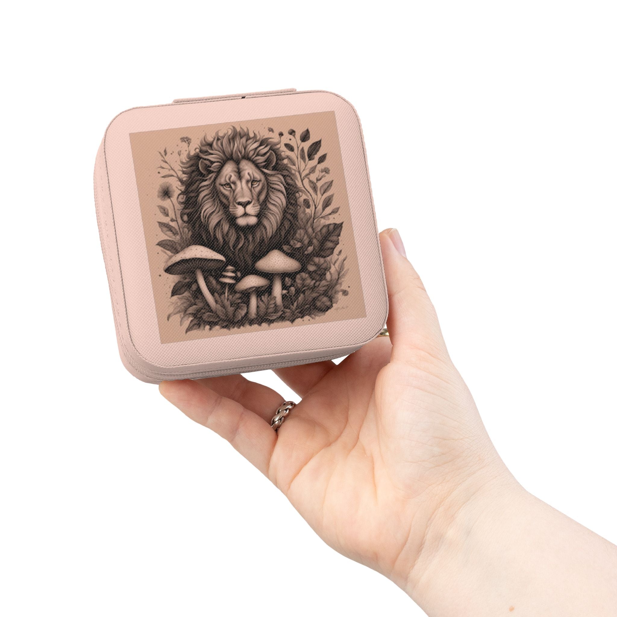 Lion & Mushrooms Jewelry Travel Case — Compact Organizer for Rings, Earrings & Necklaces