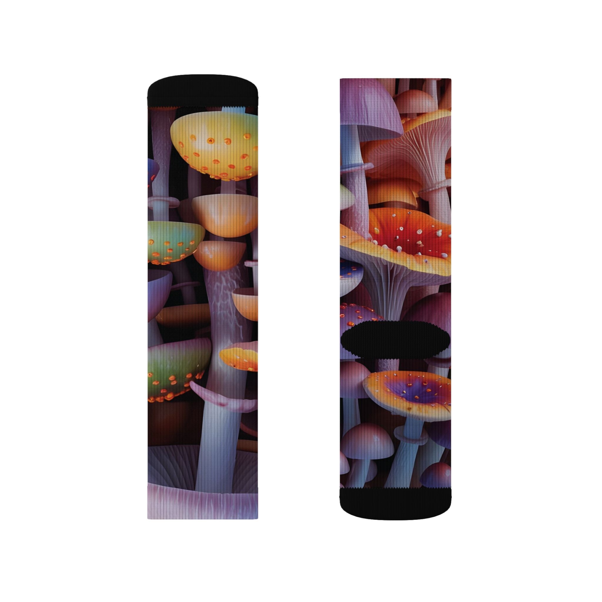 Socks: Mushroom Forest Sublimation Socks — Colorful Psychedelic Fungi Crew Socks