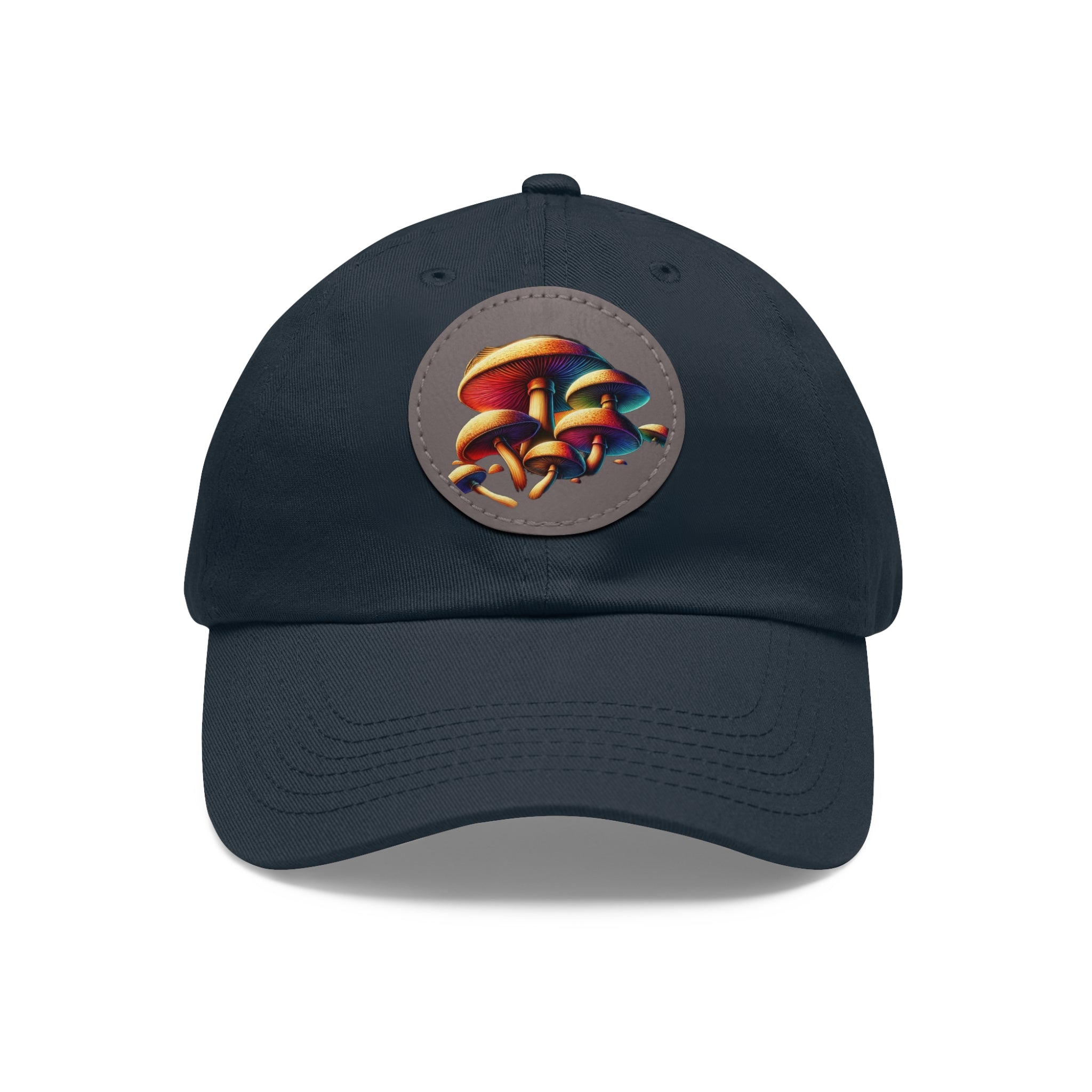 Mushroom Patch Dad Hat — Colorful Psychedelic Fungi Leather Patch Cap