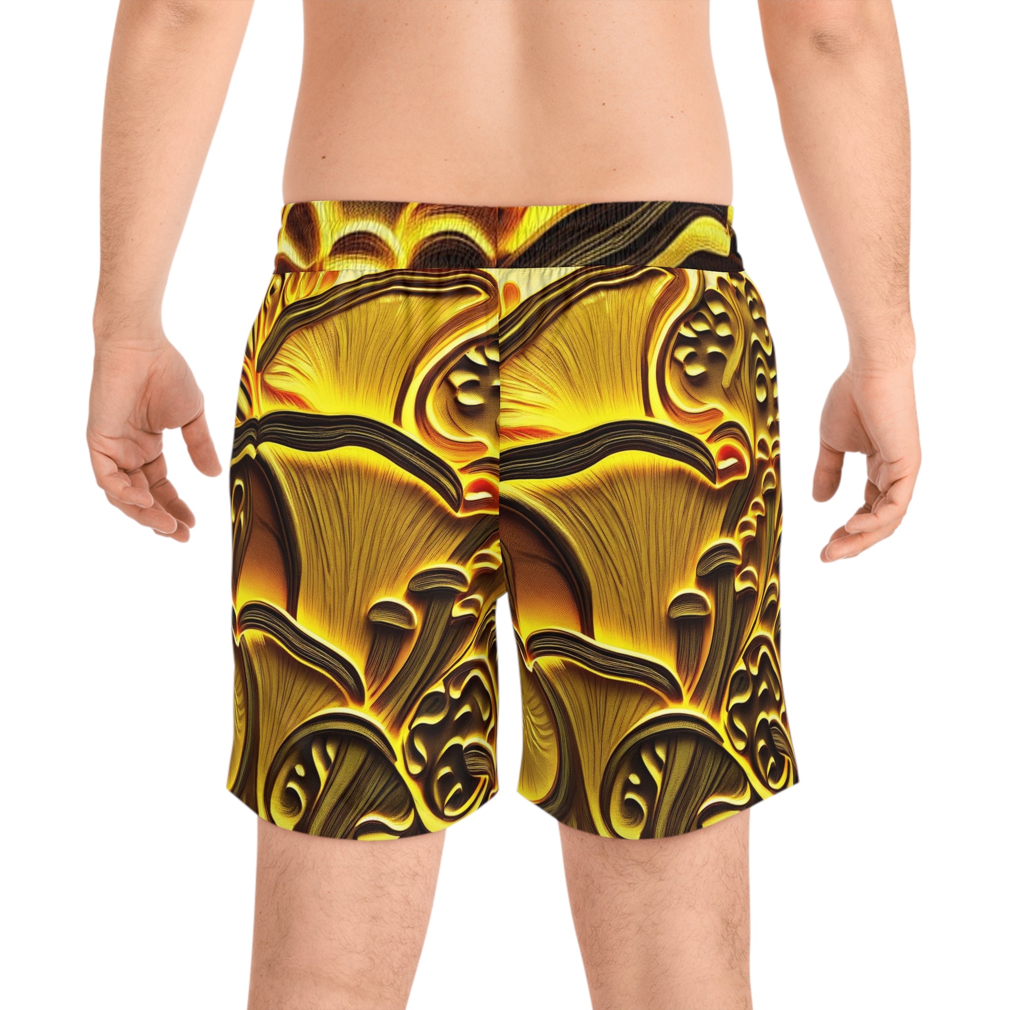 Gold Mushroom Pattern Swim Shorts — Men's Mid-Length Beach Trunks