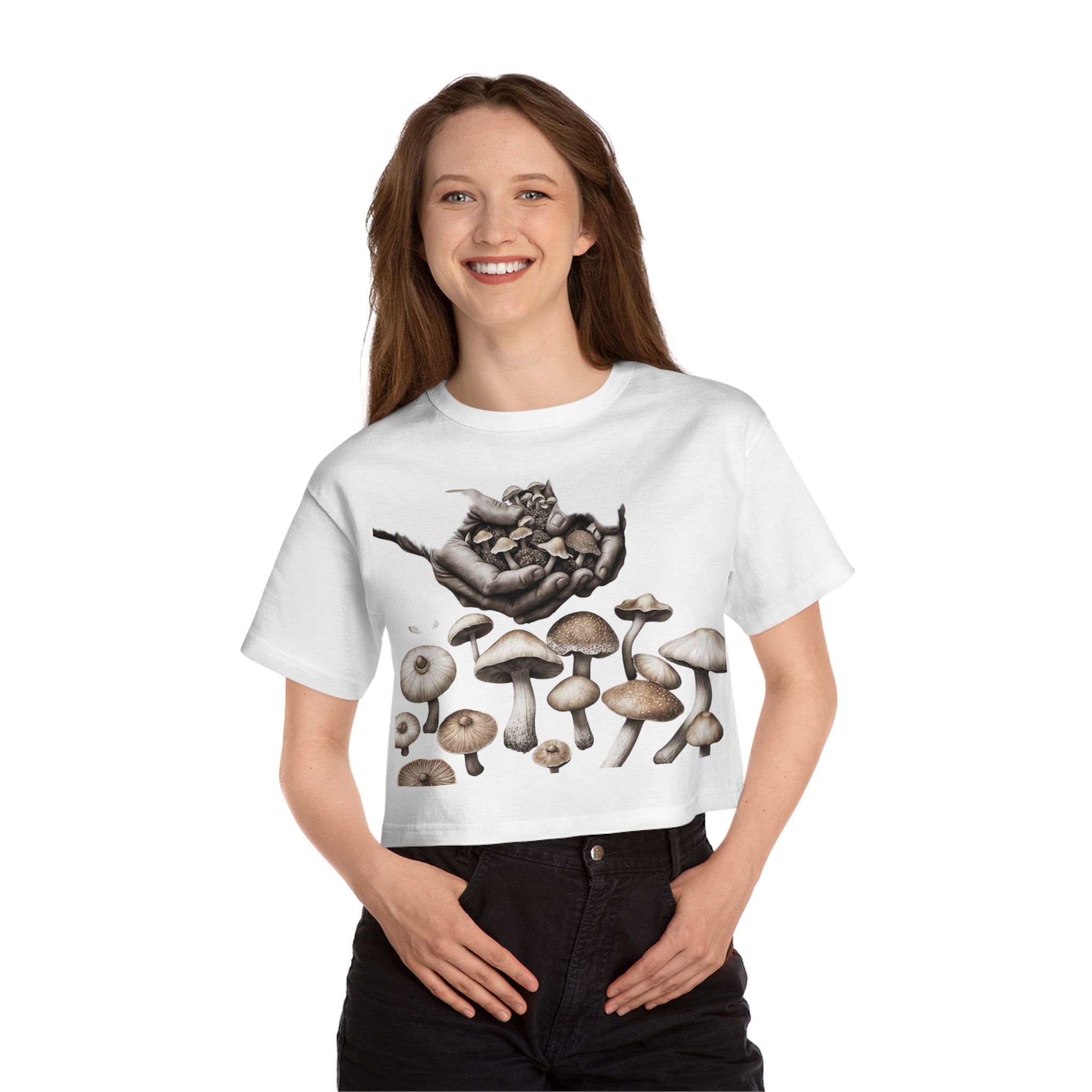 🍄 Rooted in Earth, Styled for the Soul – Mushroom Hands Crop Tee 🌿