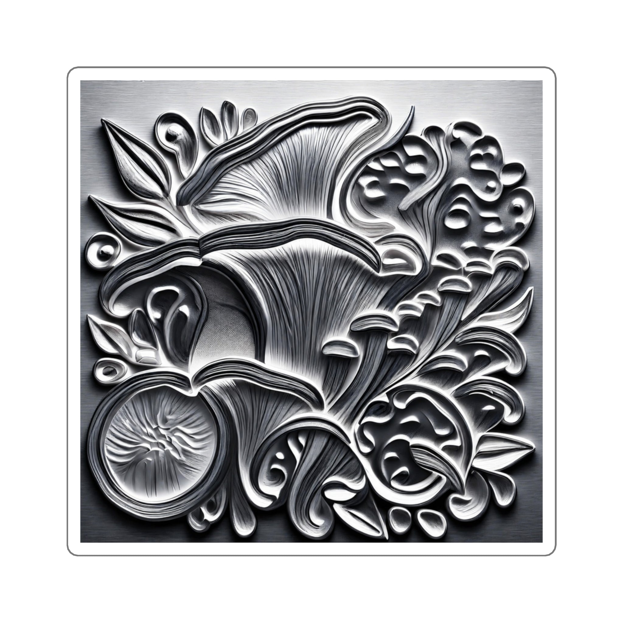 Metallic Botanical Square Sticker — Embossed Floral Mushroom Design