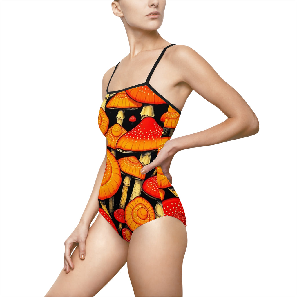 Orange Mushroom Print One-Piece Swimsuit – Psychedelic Fungi Swimwear