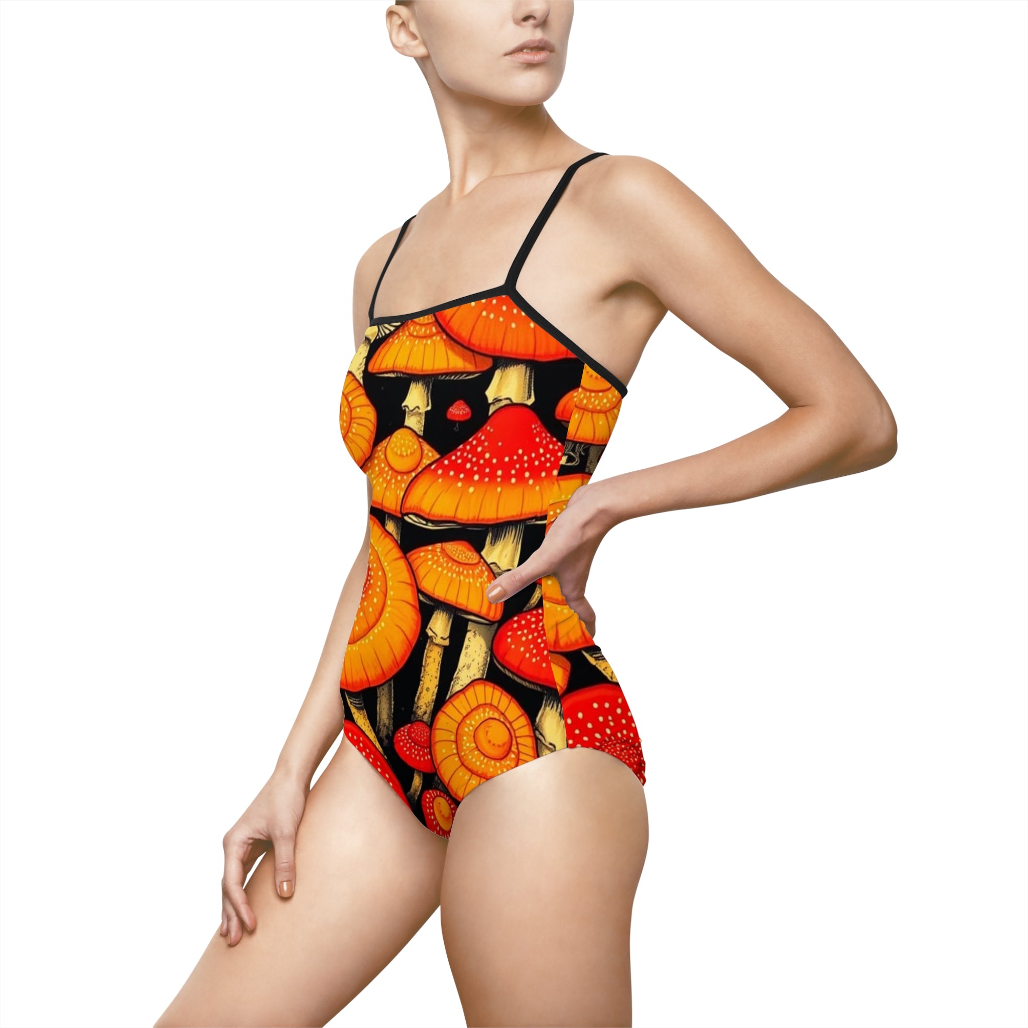 Orange Mushroom Print One-Piece Swimsuit — Psychedelic Fungi Swimwear
