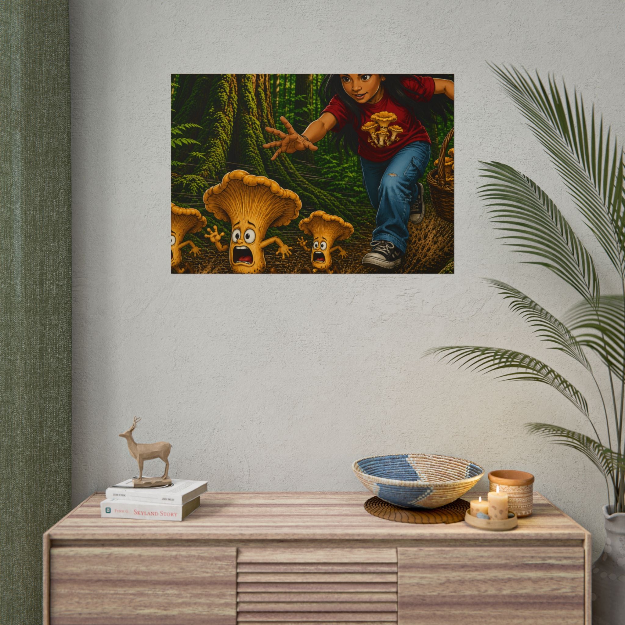 Rolled Poster: Girl Chasing Animated Mushrooms Forest Art Print