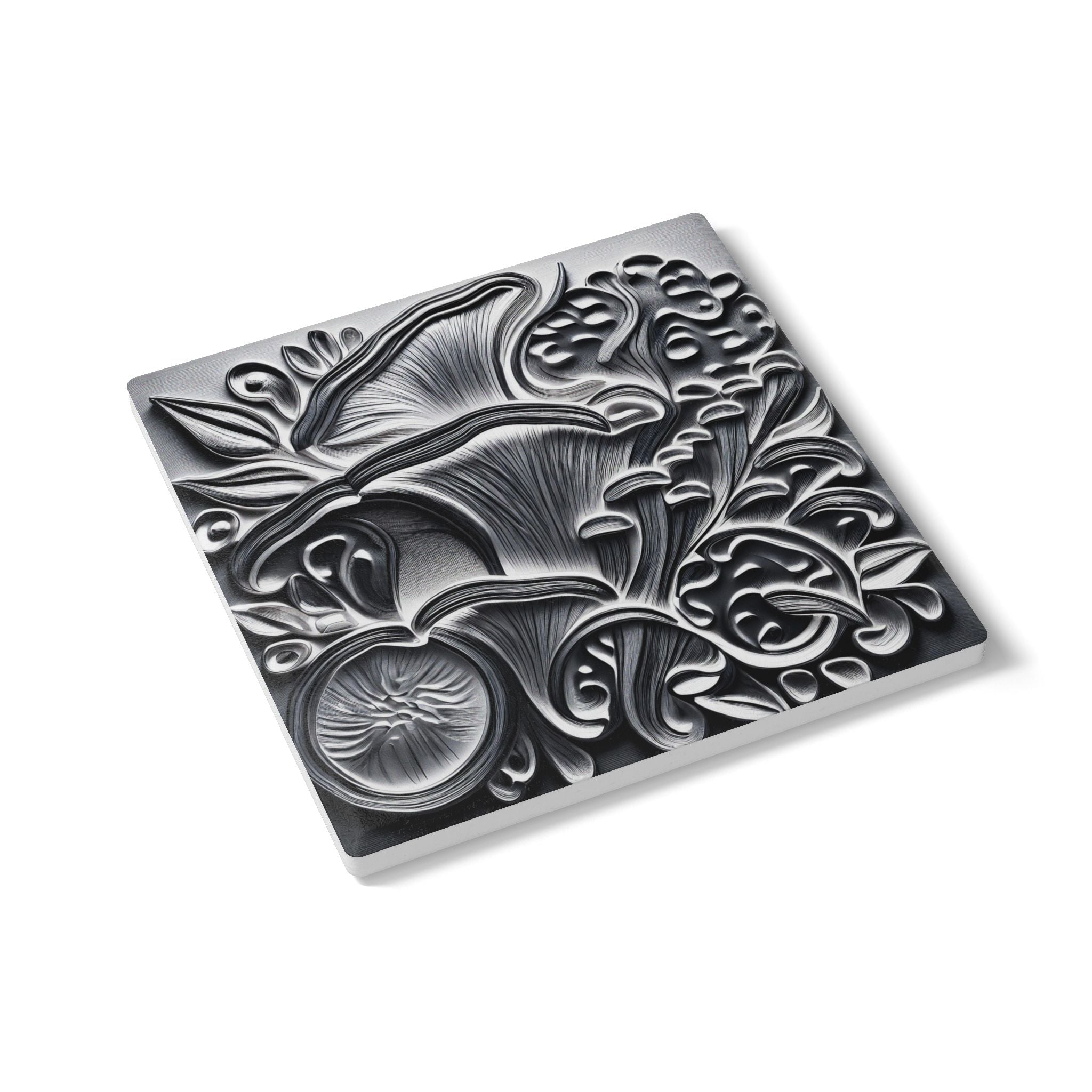 Ceramic Coaster: Black & Silver Floral Relief Design, Elegant Gothic Home Decor