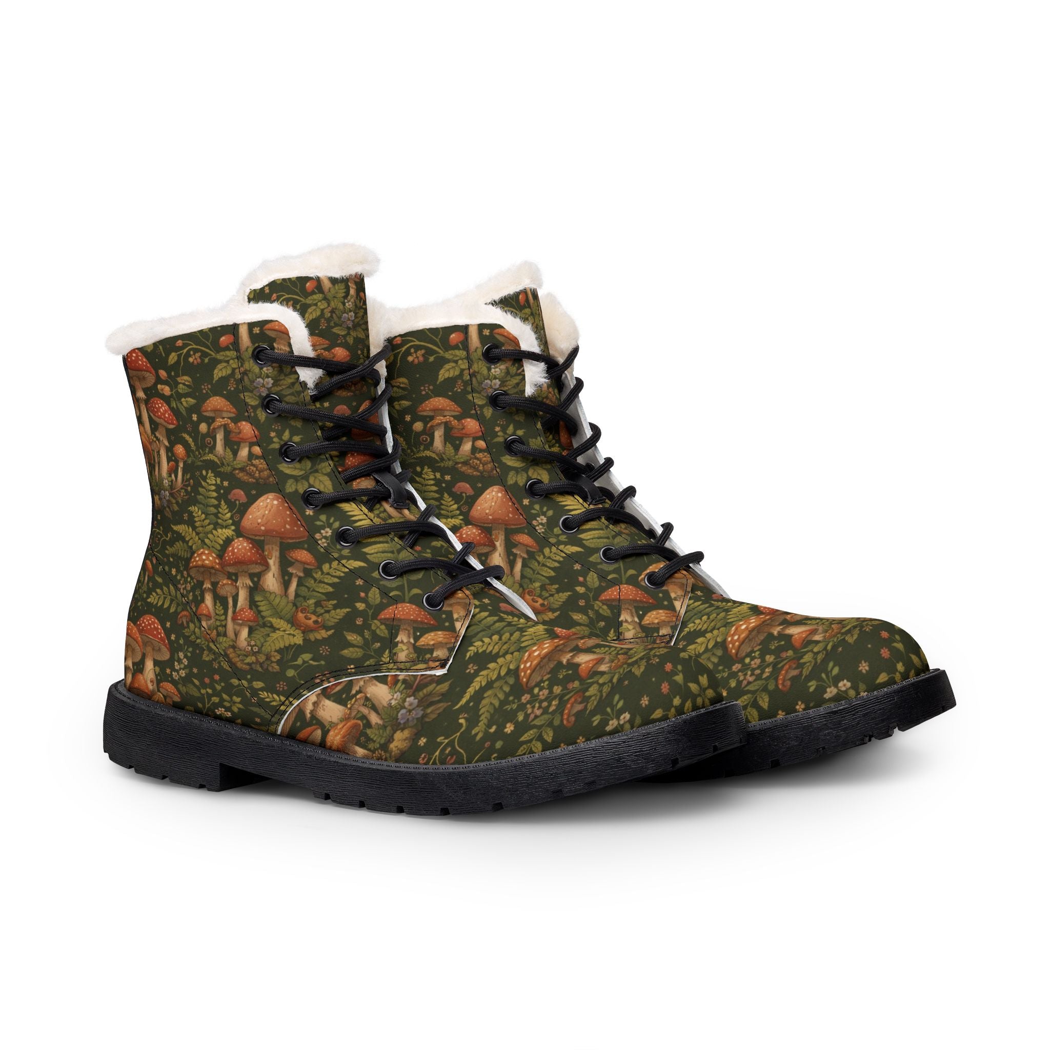 Boots: Synthetic Leather Boots: Mushroom Forest Fur-Lined Leather Boots — Men's Winter Hiking Boots