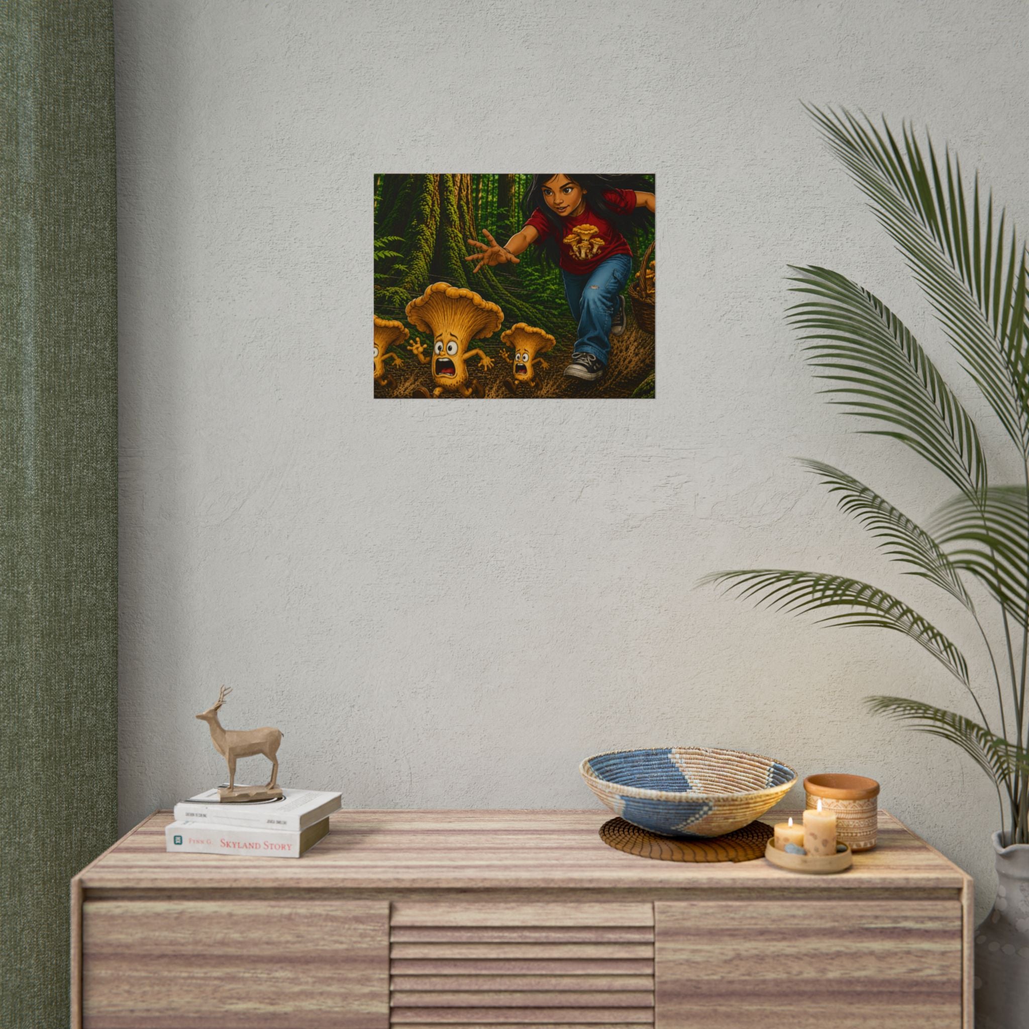 Rolled Poster: Girl Chasing Animated Mushrooms Forest Art Print