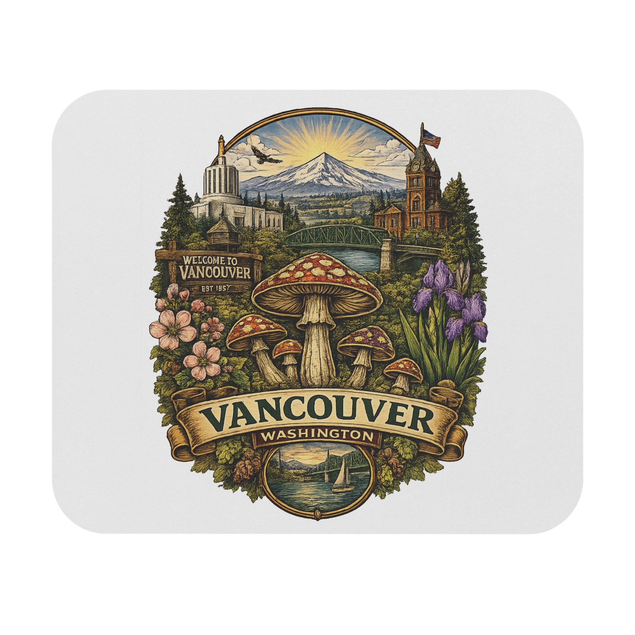 Vancouver Washington Scenic Mouse Pad — Retro Mushroom & Mount Hood Desk Mat