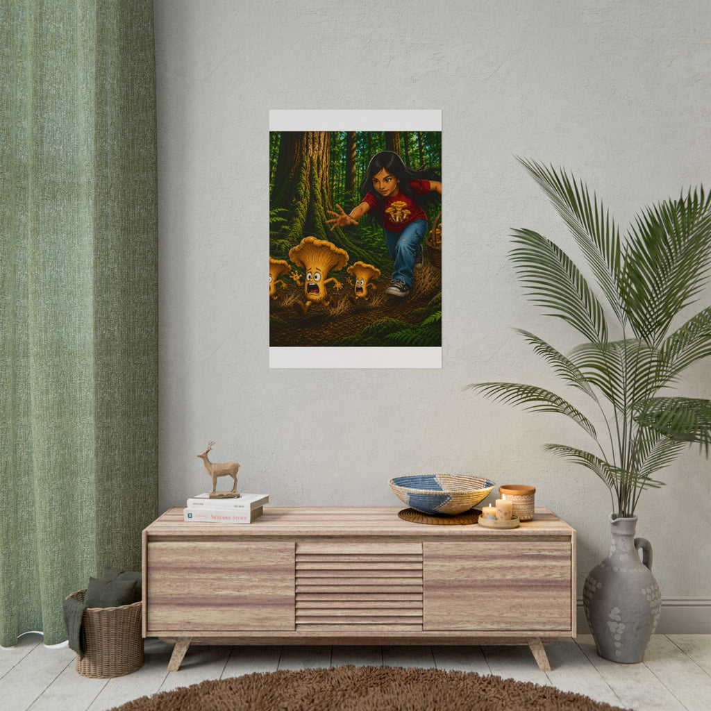 Rolled Poster: Girl Chasing Animated Mushrooms Forest Art Print
