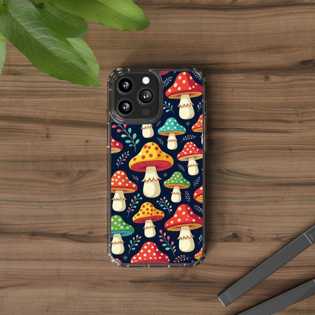 Phone Case: Mushroom Pattern Clear Phone Case — Colorful Toadstool Floral Design