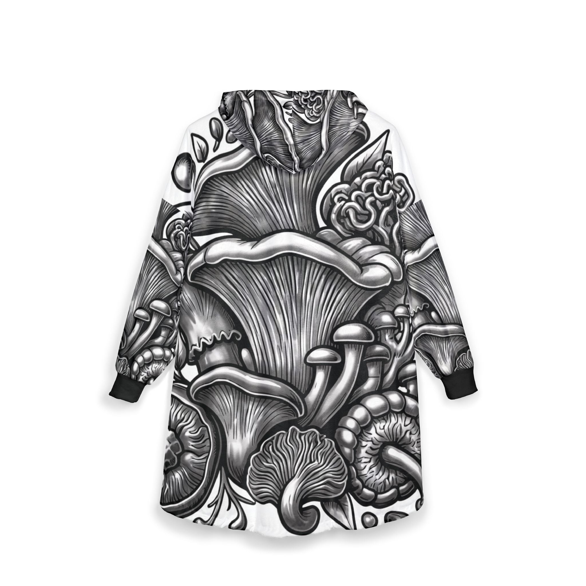 Mushroom Forest Hooded Blanket — Black & White Fungi Illustration Cozy Throw